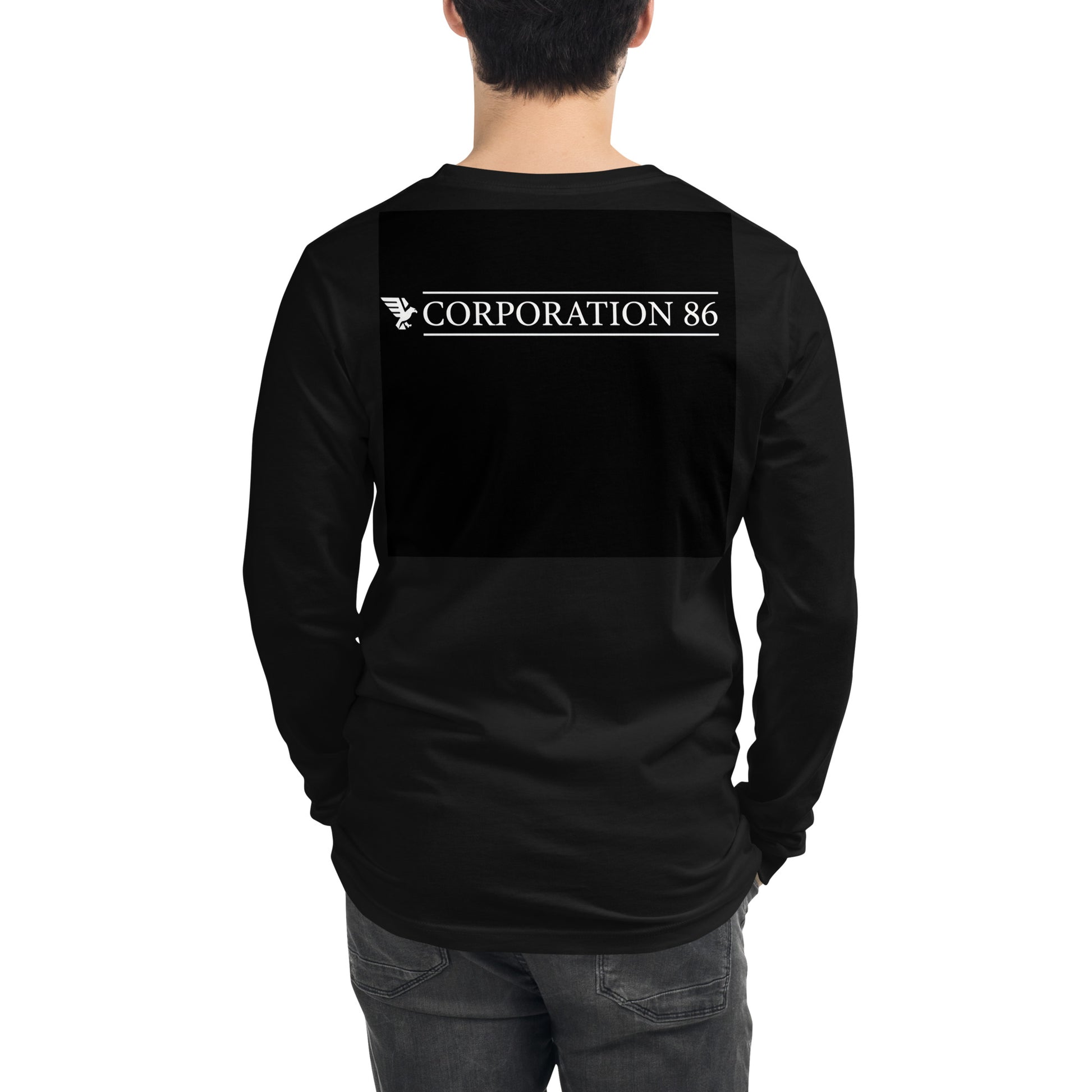 Maglietta unisex a maniche lunghe CORPORATION-86 nera, vista posteriore, tessuto morbido e comodo per uso quotidiano.