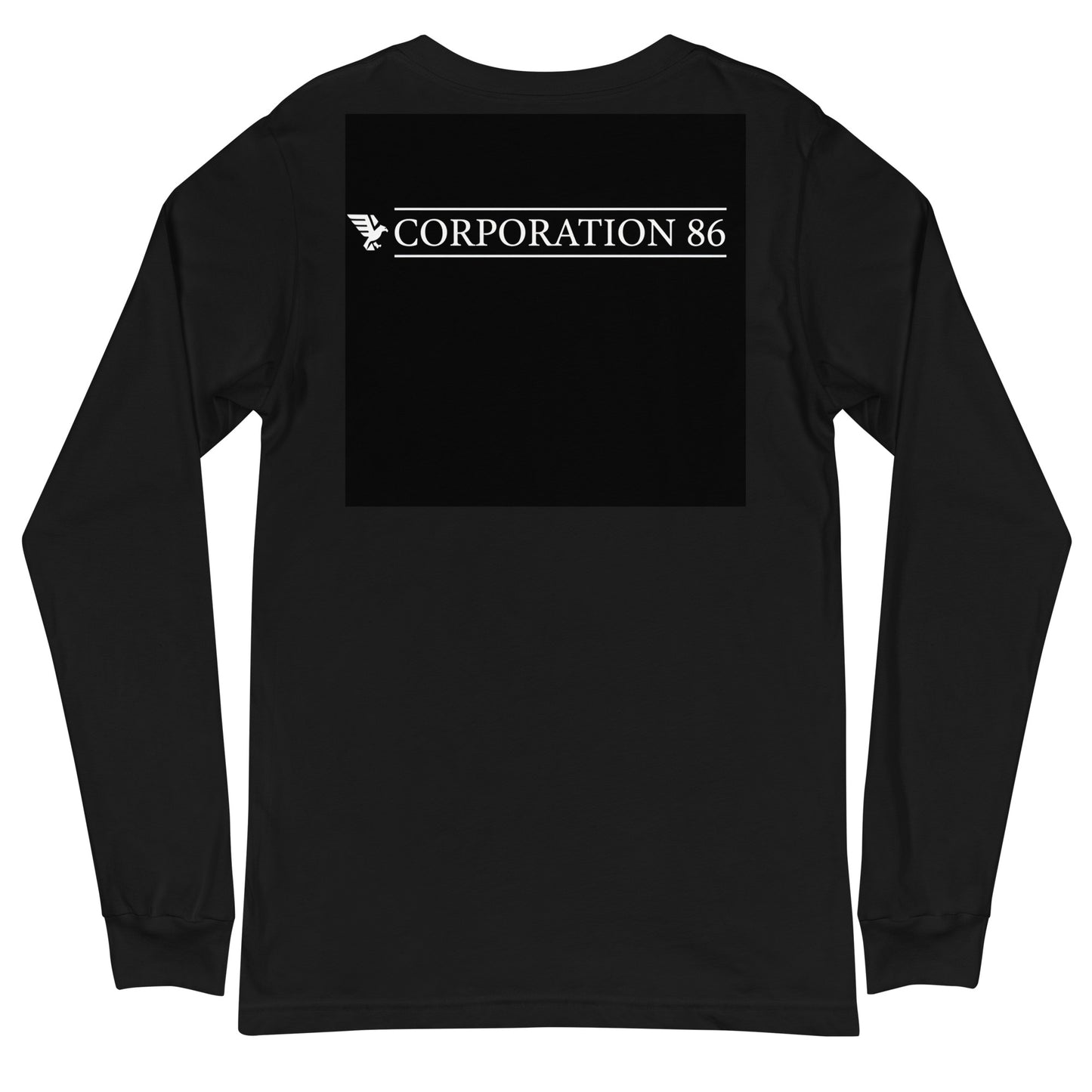 Maglietta unisex a maniche lunghe nera di CORPORATION-86 vista da dietro, tessuto morbido e comodo.