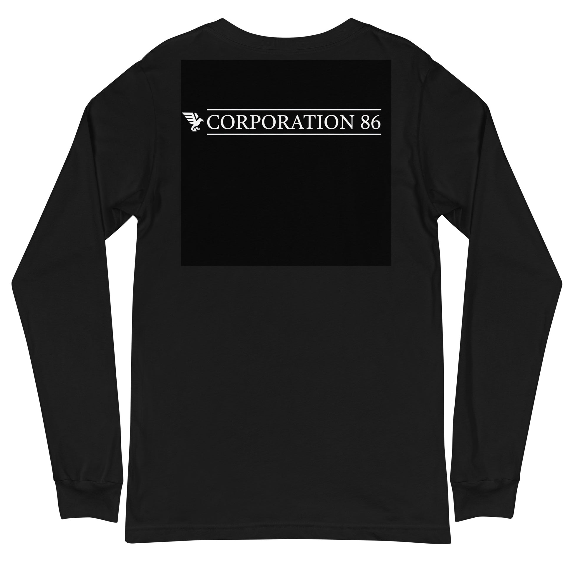 Maglietta unisex a maniche lunghe nera di CORPORATION-86 vista da dietro, tessuto morbido e comodo.