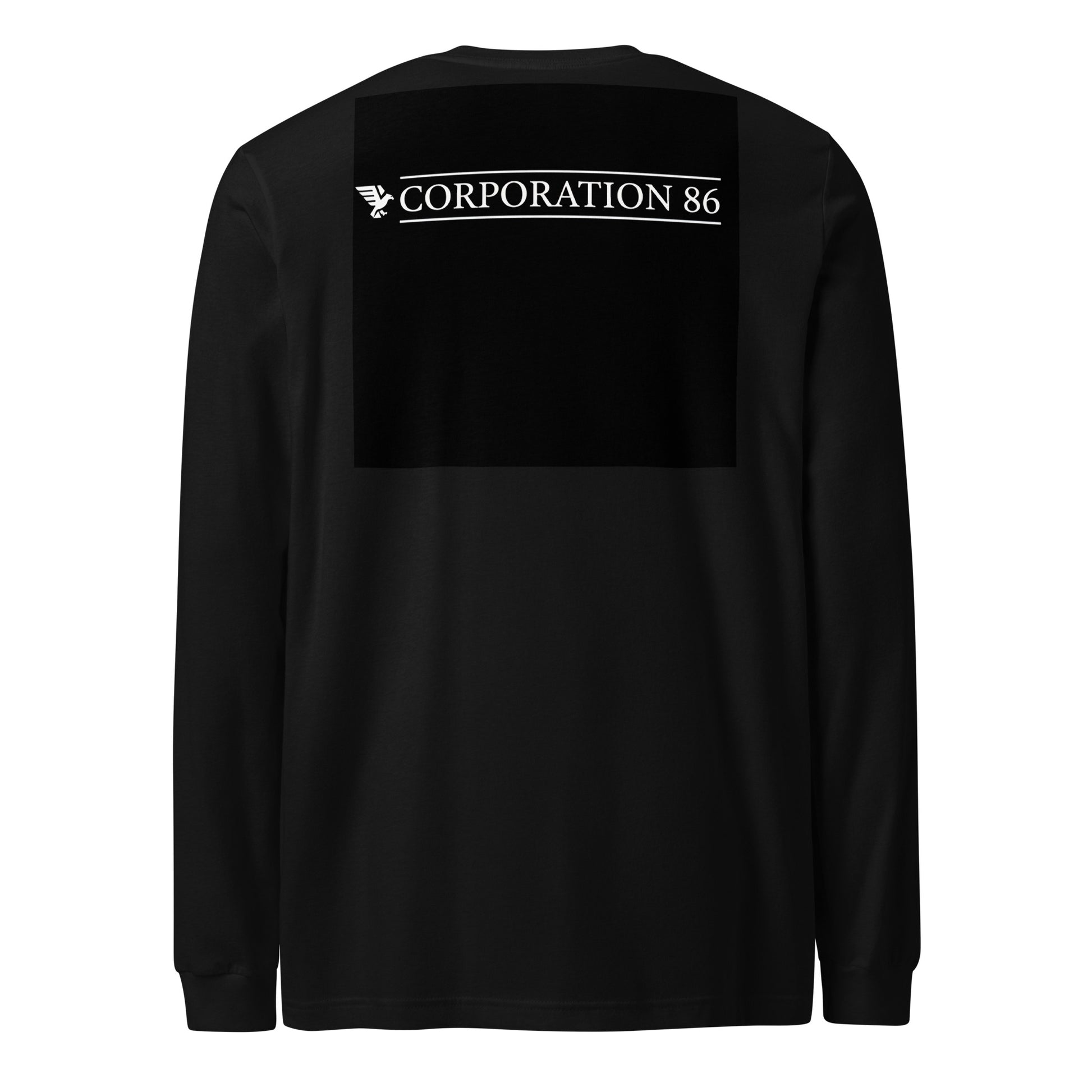 Maglietta unisex a maniche lunghe CORPORATION-86 nera vista da dietro, morbida e comoda, con design semplice e stile casual.