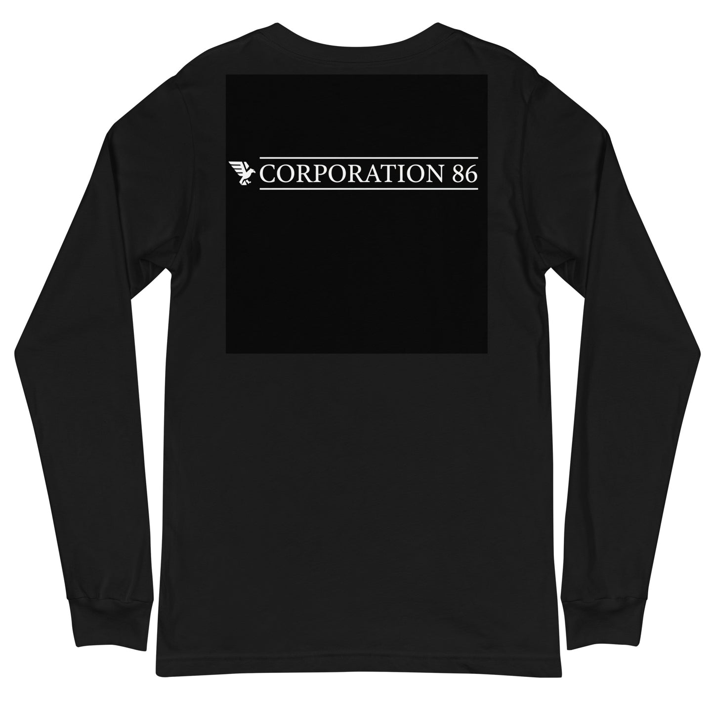 Maglietta unisex a maniche lunghe CORPORATION-86 di colore nero vista da dietro, morbida e comoda, perfetta per ogni stile casual.