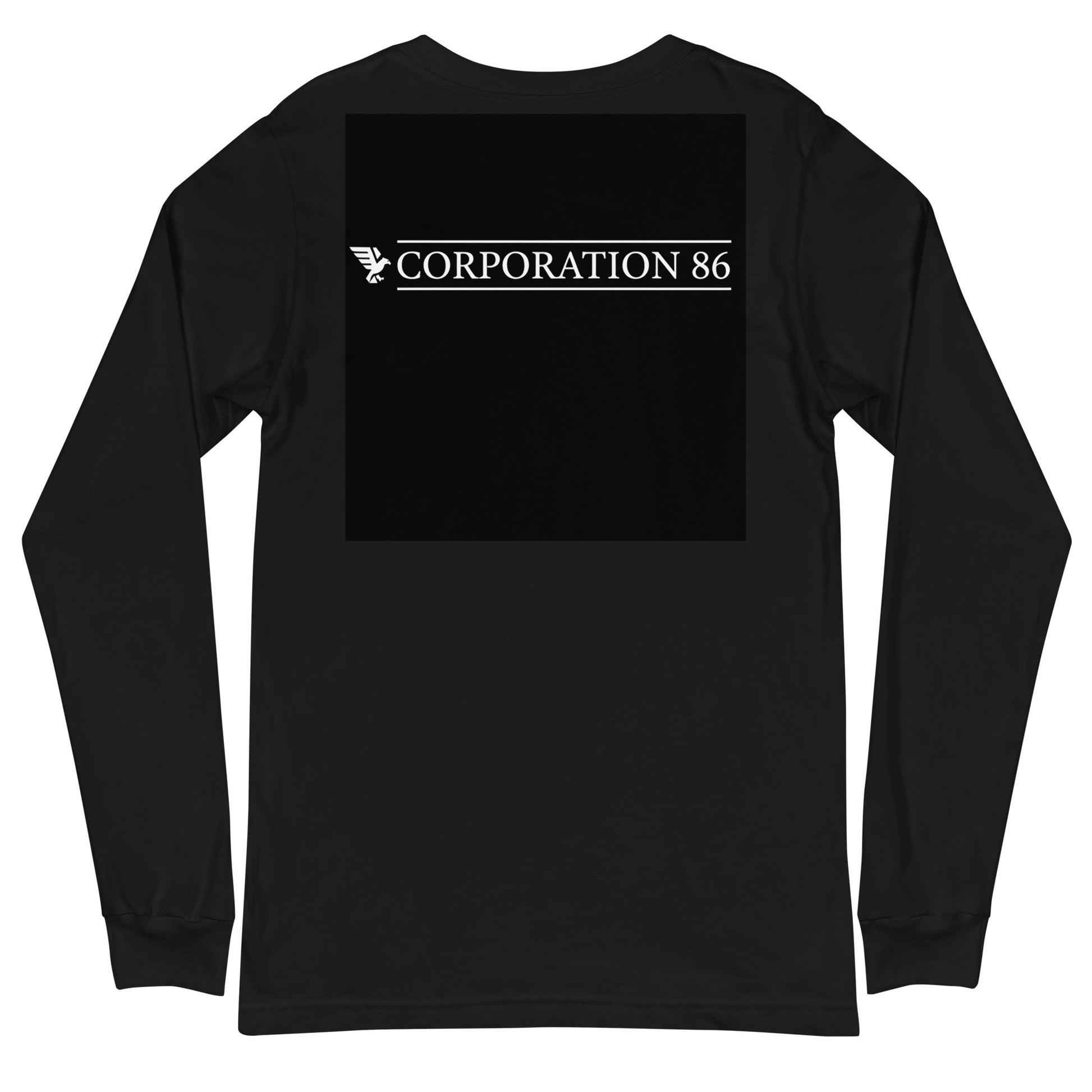 Maglietta unisex a maniche lunghe CORPORATION-86 di colore nero vista da dietro, morbida e comoda, perfetta per ogni stile casual.