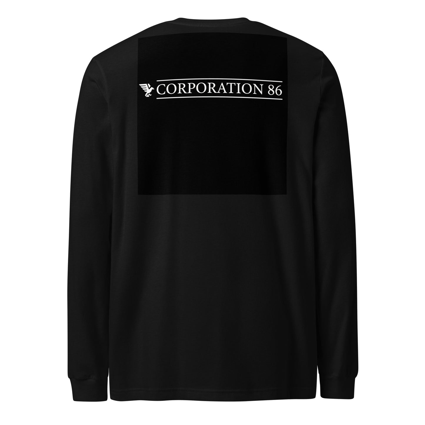 Maglietta unisex a maniche lunghe CORPORATION-86 nera vista posteriore, casual e comoda, tessuto morbido e leggero.