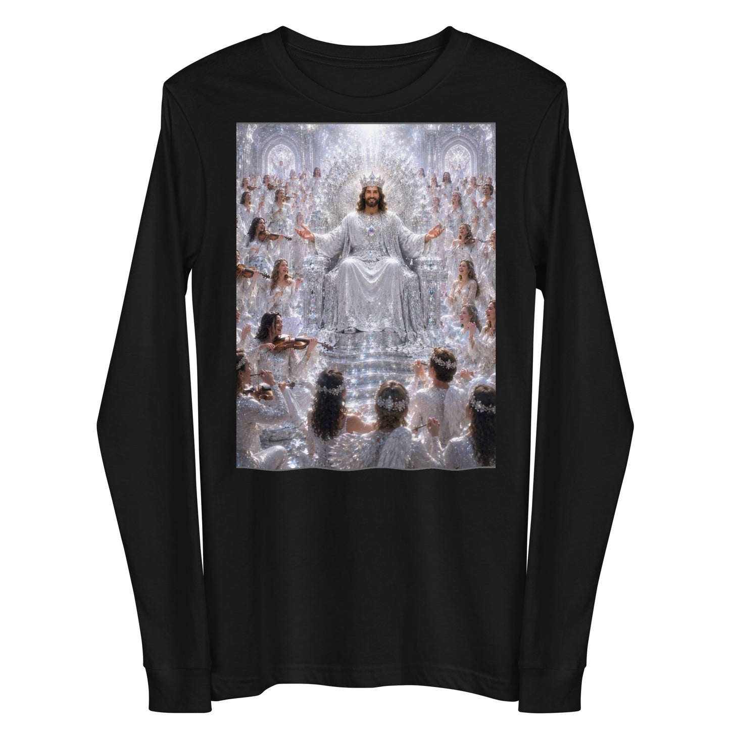 T-shirt unisex a maniche lunghe nero di CORPORATION-86, vista frontale, stile casual e comodo.
