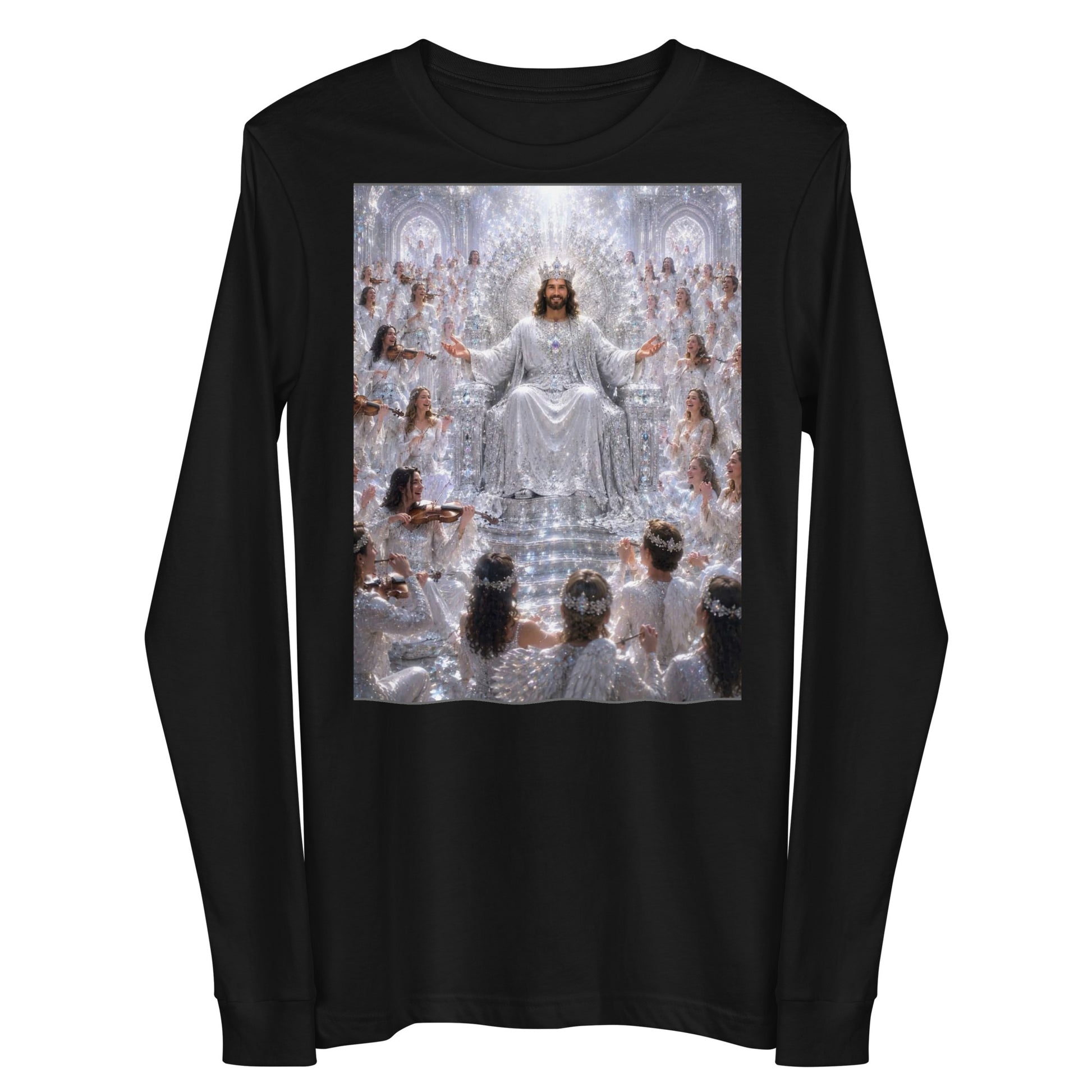 T-shirt unisex a maniche lunghe nero di CORPORATION-86, vista frontale, stile casual e comodo.