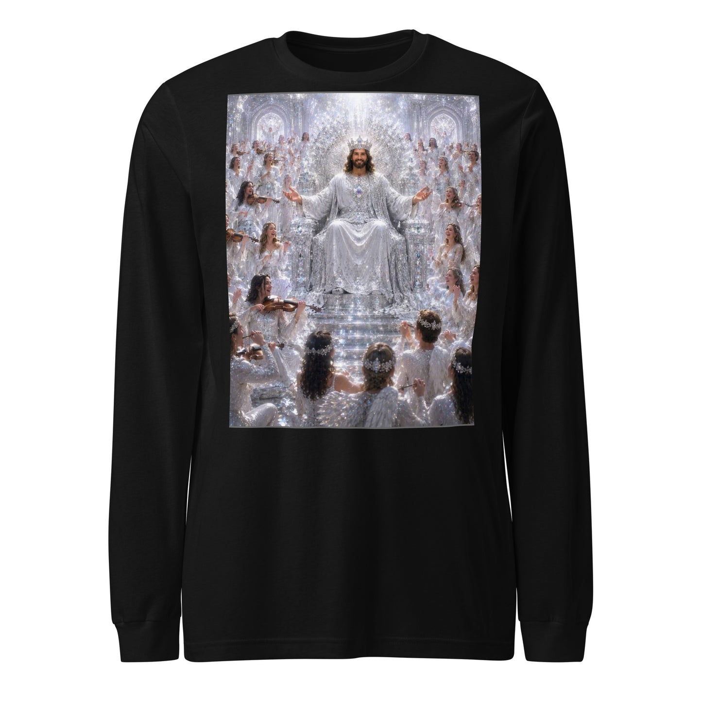 T-shirt unisex a maniche lunghe nero di CORPORATION-86, vista frontale, stile casual e comodo.