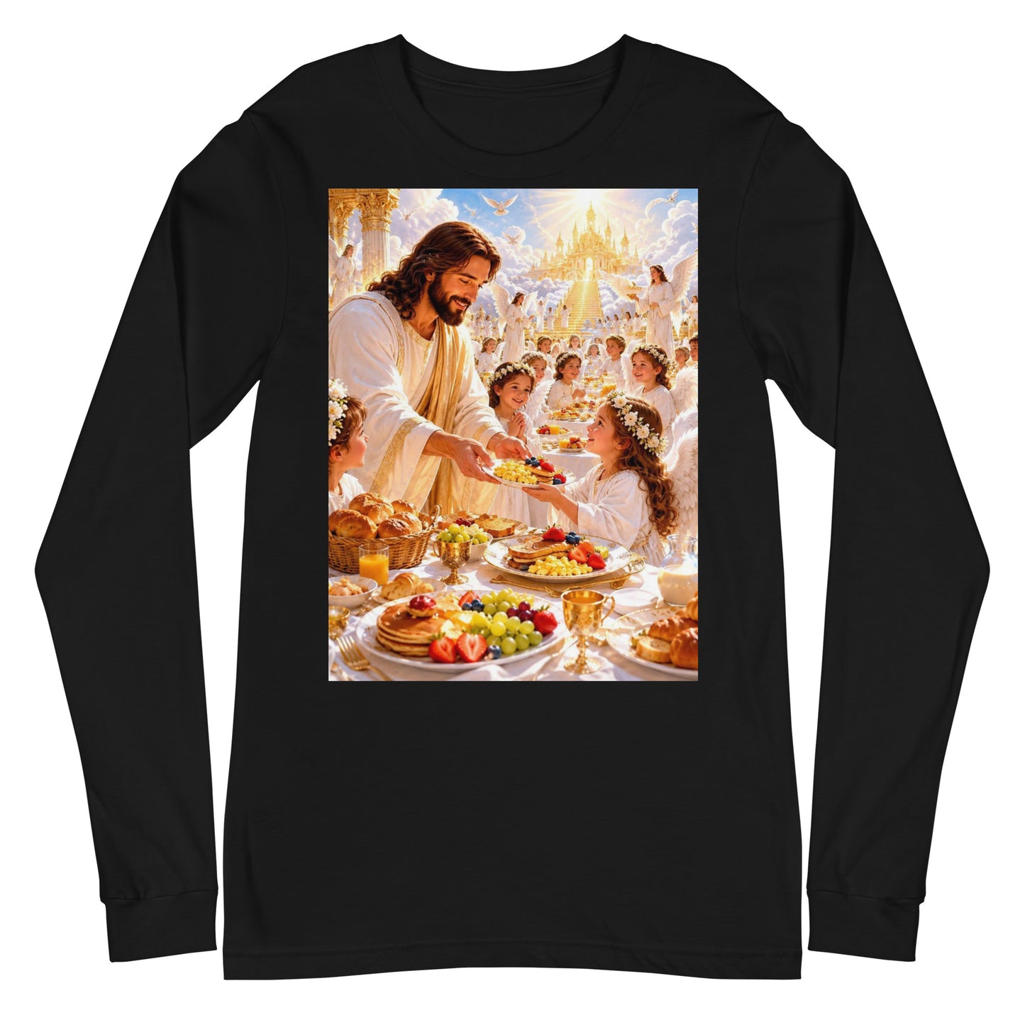 T-shirt unisex a maniche lunghe nero di CORPORATION-86, vista frontale, design semplice e comodo.