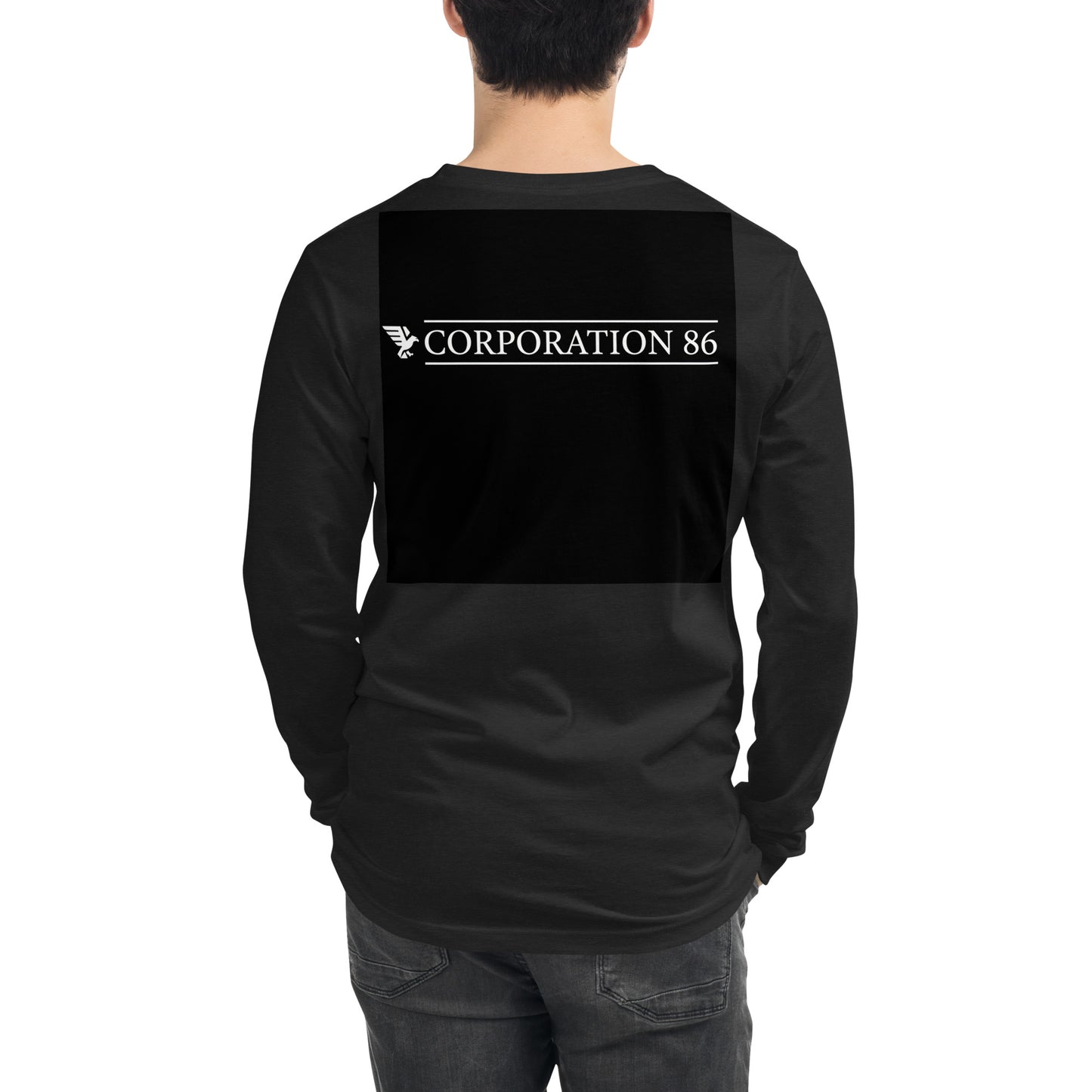 Maglietta unisex a maniche lunghe CORPORATION-86 in tessuto nero heather vista da dietro, morbida e comoda.