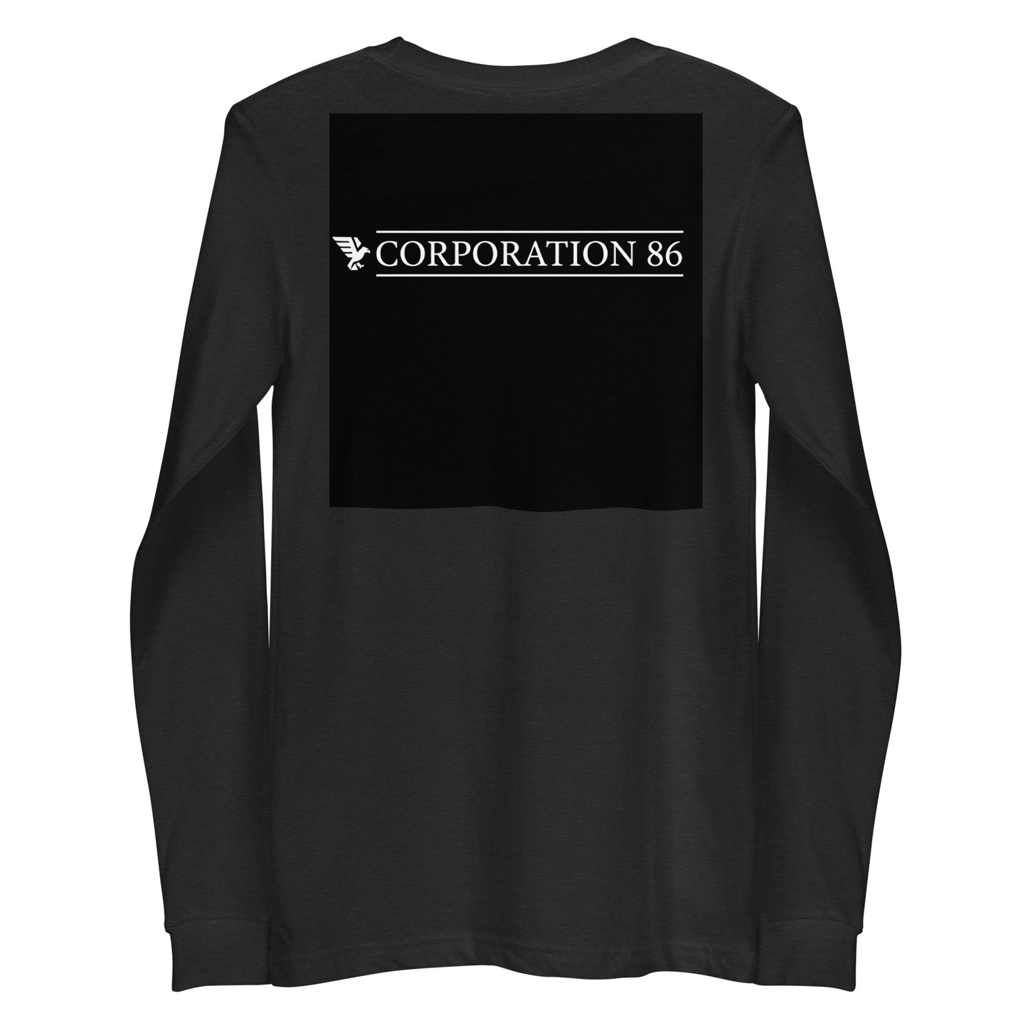 Maglietta unisex a maniche lunghe CORPORATION-86 color grigio scuro con dettagli sul retro, tessuto morbido e comodo.