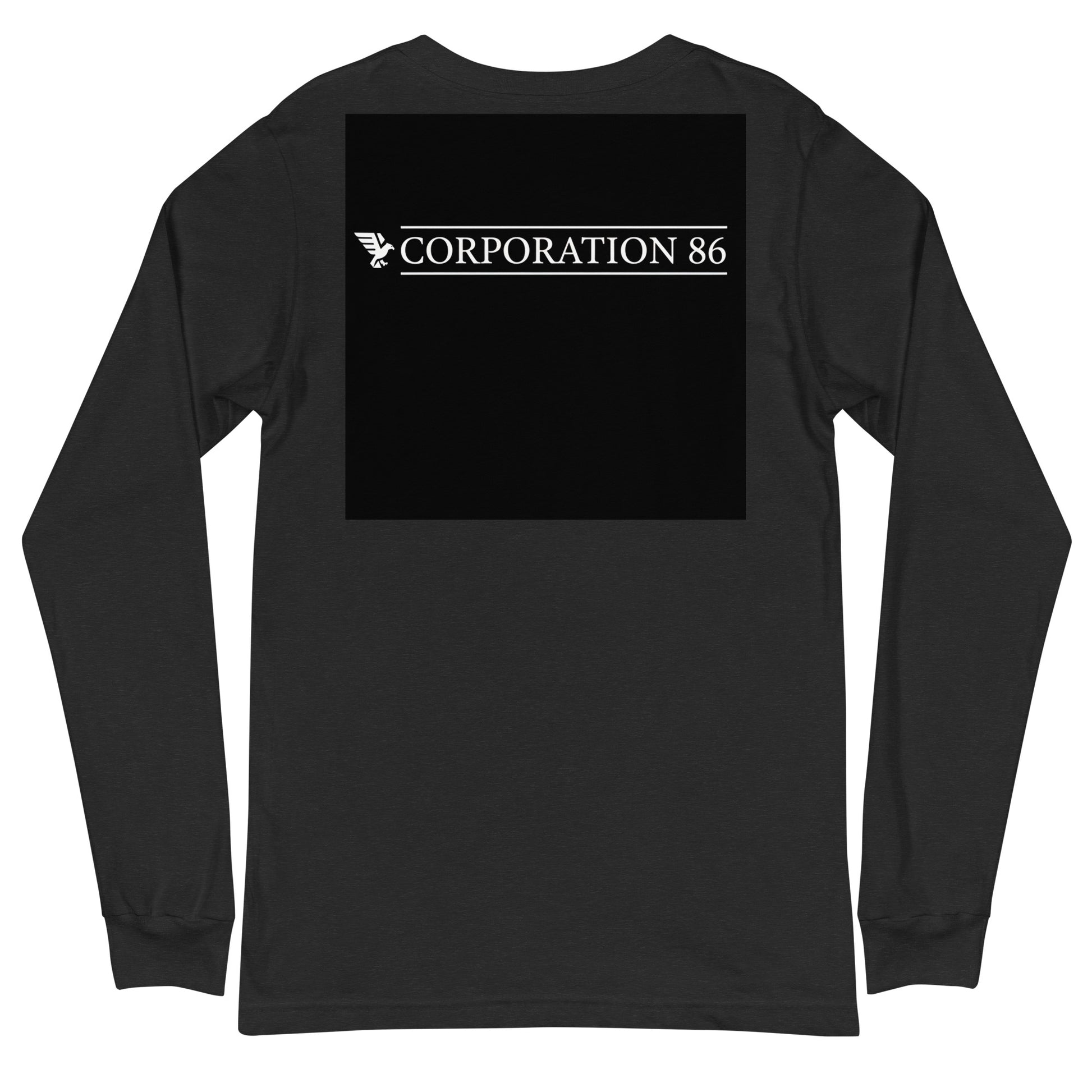 T-shirt unisex a maniche lunghe CORPORATION-86, colore grigio scuro, vista dal retro, tessuto morbido e comodo.