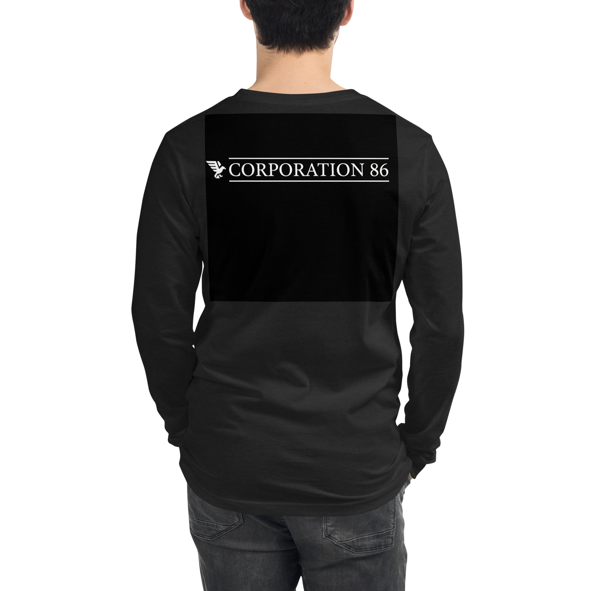 Maglietta unisex a maniche lunghe CORPORATION-86 in tessuto nero heather vista dalla schiena.