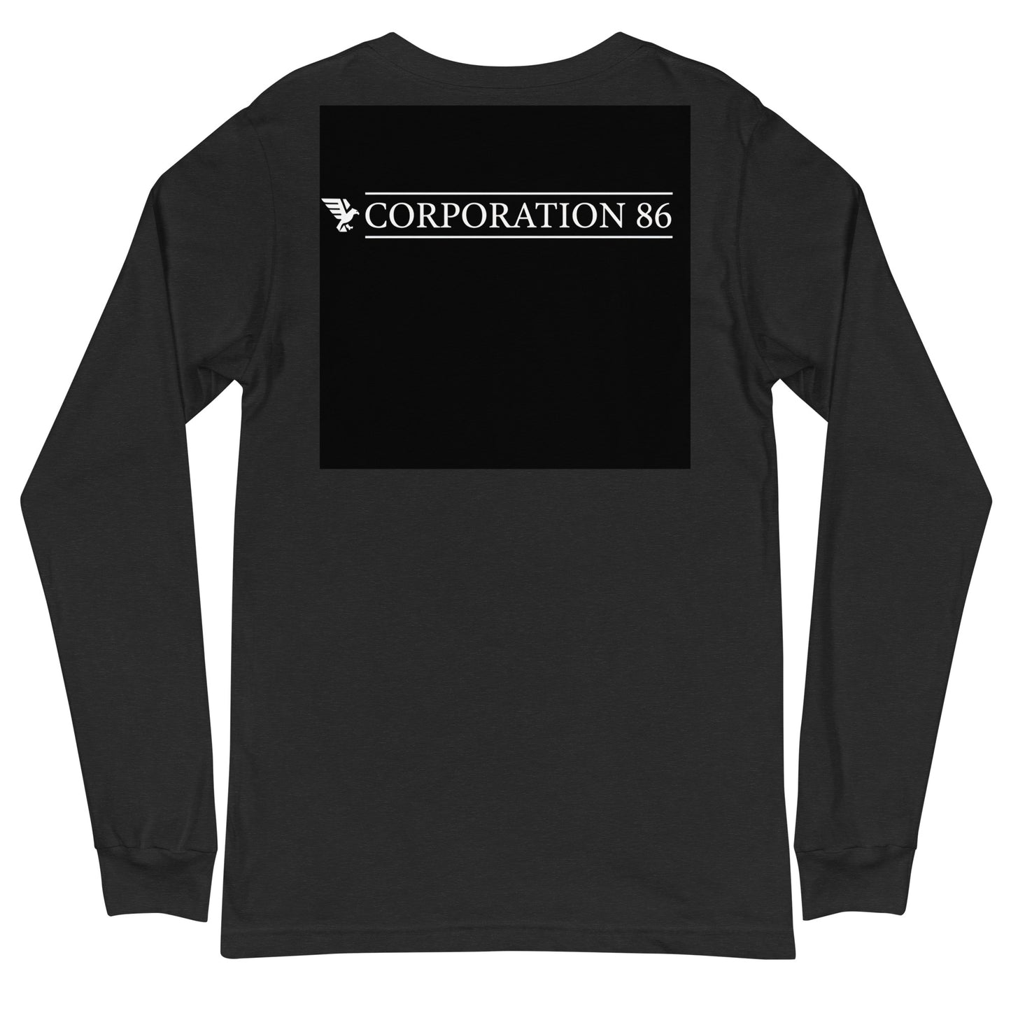 Maglietta unisex a maniche lunghe CORPORATION-86 in tessuto nero heather, vista posteriore con dettaglio del design.