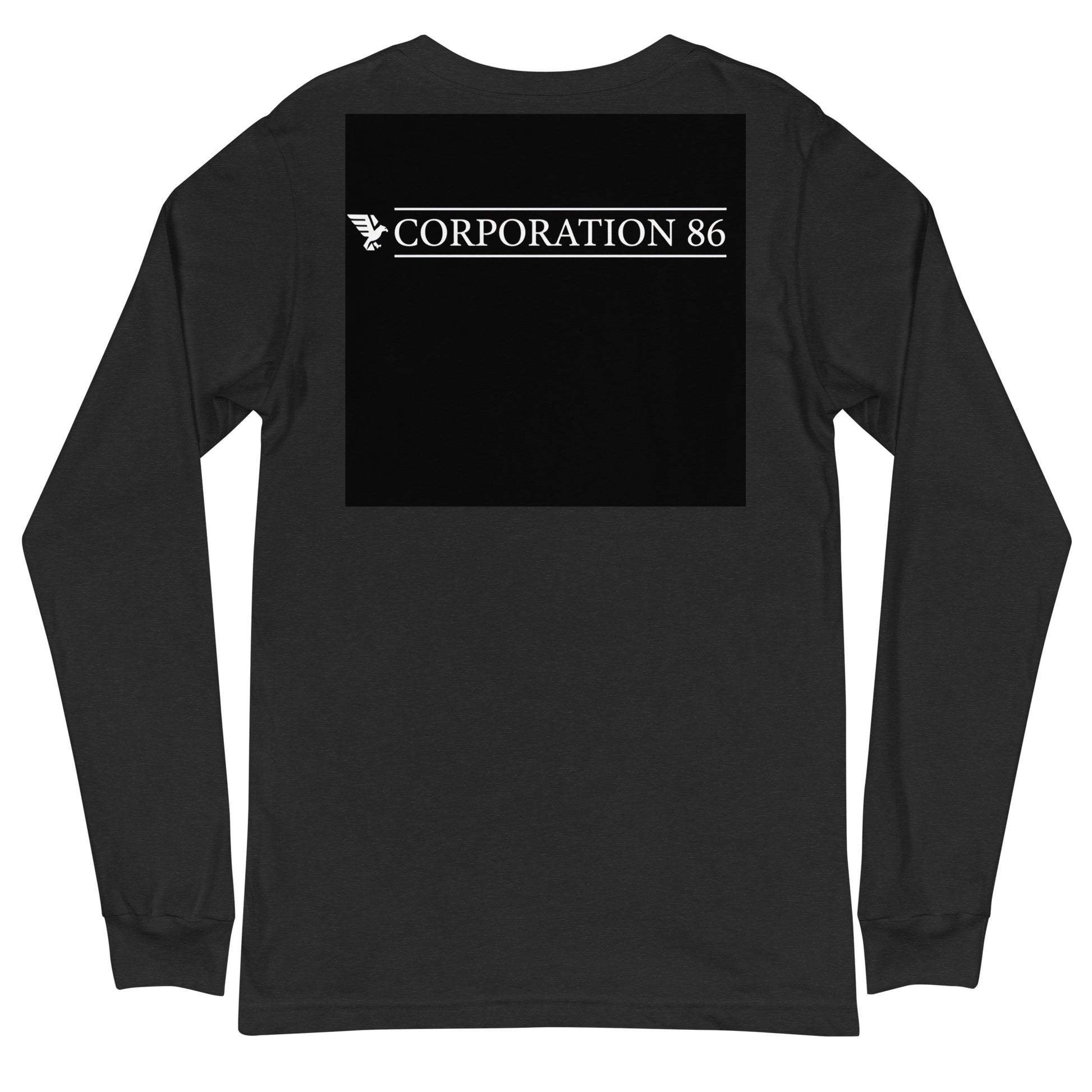Maglietta unisex a maniche lunghe CORPORATION-86 in tessuto nero heather, vista posteriore con dettaglio del design.