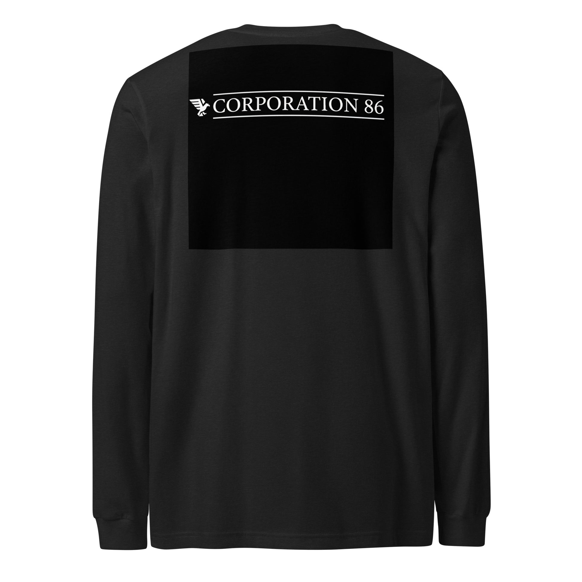 T-shirt unisex a maniche lunghe CORPORATION-86 in tessuto nero heather visibile dal dietro, stile casual e comodo.