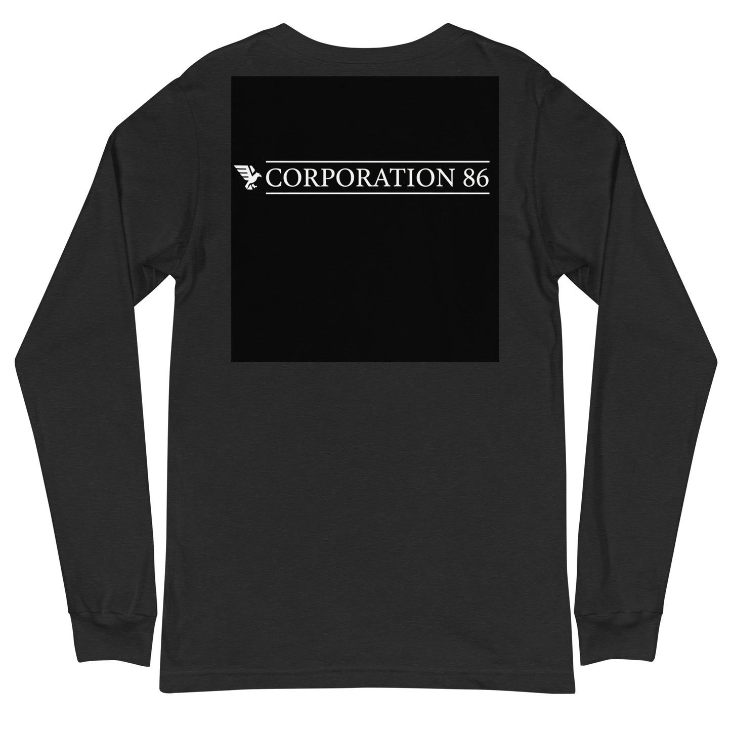 T-shirt unisex a maniche lunghe CORPORATION-86 nero heather, vista posteriore con dettaglio sul tessuto e scollo rotondo.