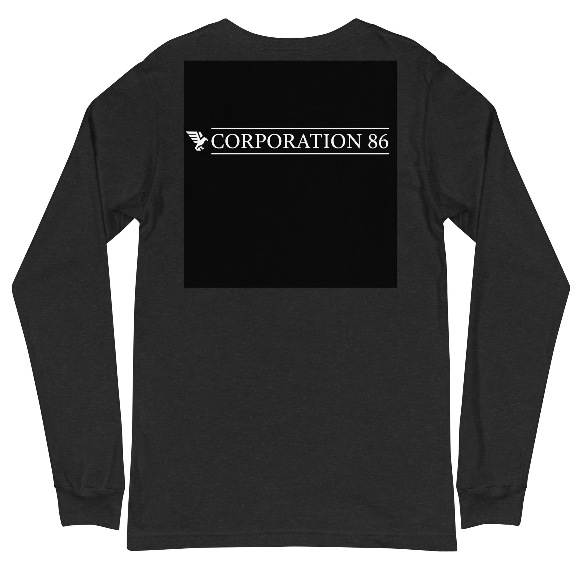 T-shirt unisex a maniche lunghe CORPORATION-86 nero heather, vista posteriore con dettaglio sul tessuto e scollo rotondo.
