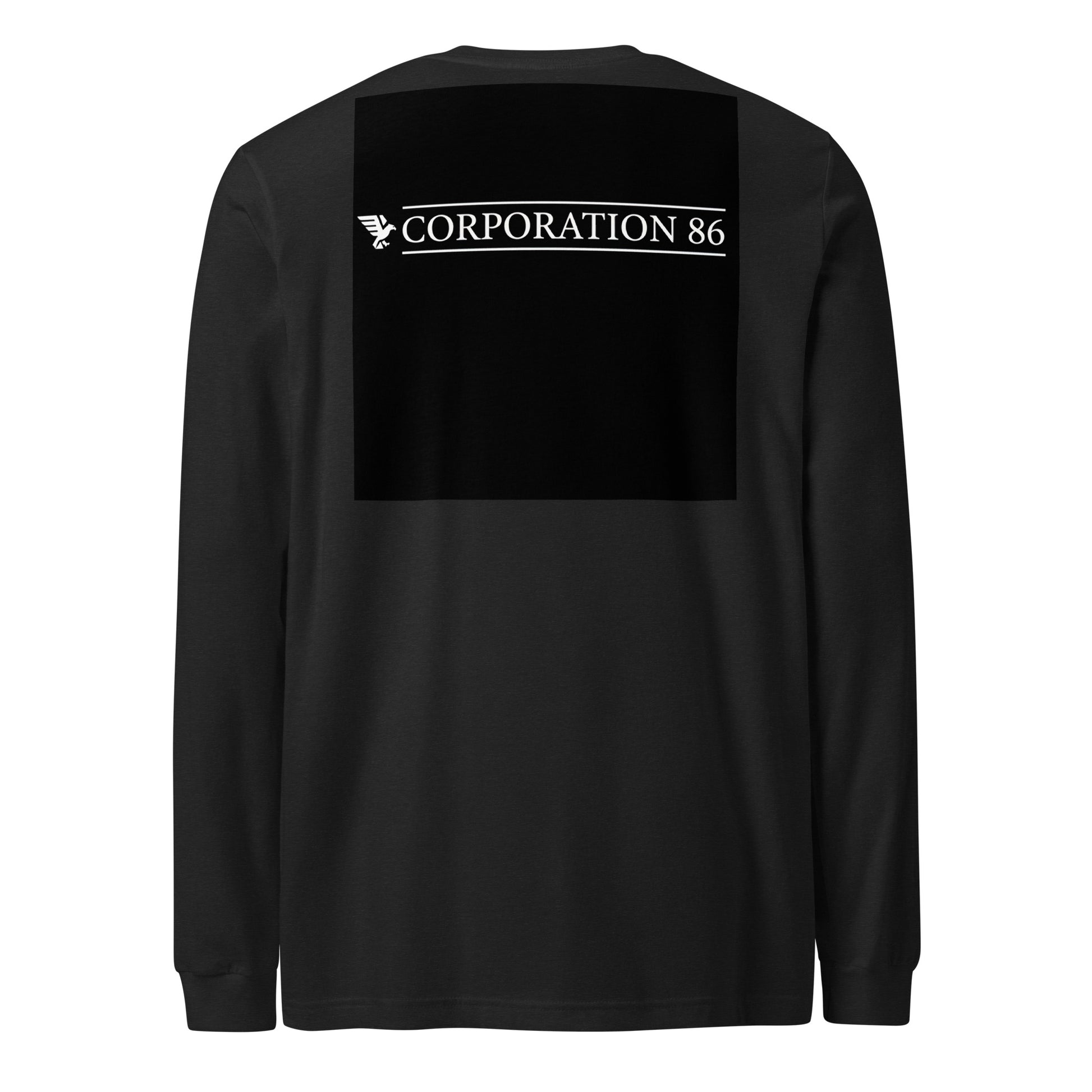 Maglietta unisex a maniche lunghe CORPORATION-86 in tessuto nero heather, vista posteriore.