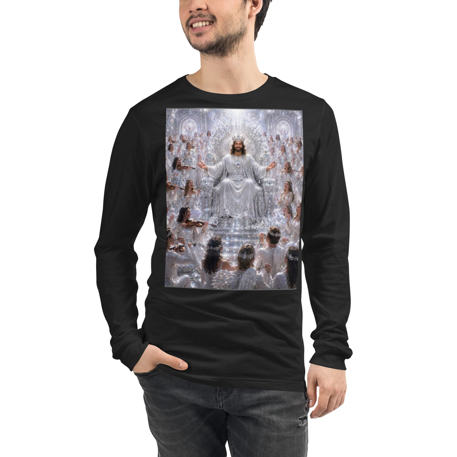 Maglietta unisex a maniche lunghe CORPORATION-86 in tessuto black heather vista fronte.