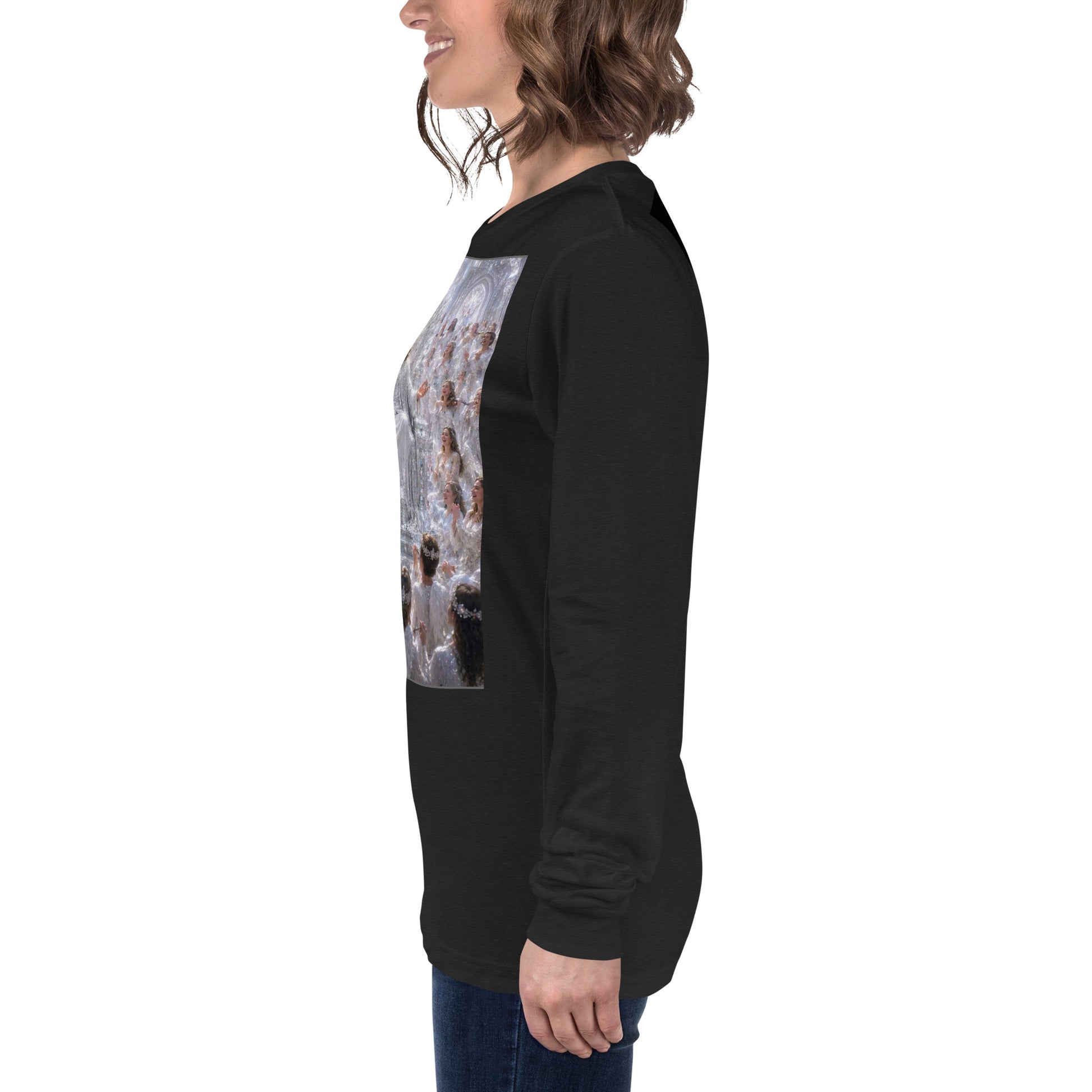 T-shirt unisex a maniche lunghe di colore grigio scuro Heather, marca CORPORATION-86, visibile da lato in immagine