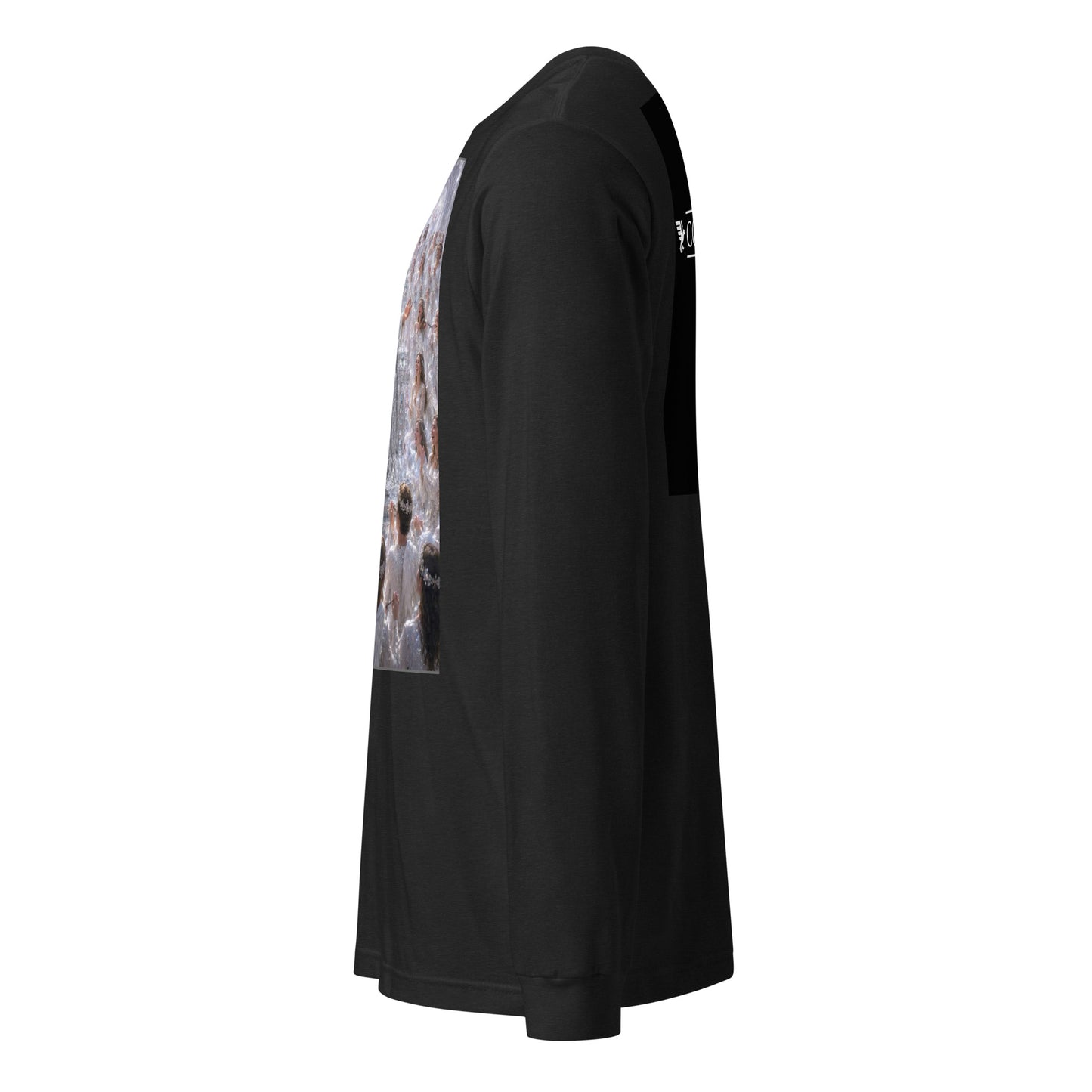 Maglietta unisex a maniche lunghe CORPORATION-86 in tessuto nero heather, vista frontale con dettaglio del tessuto.