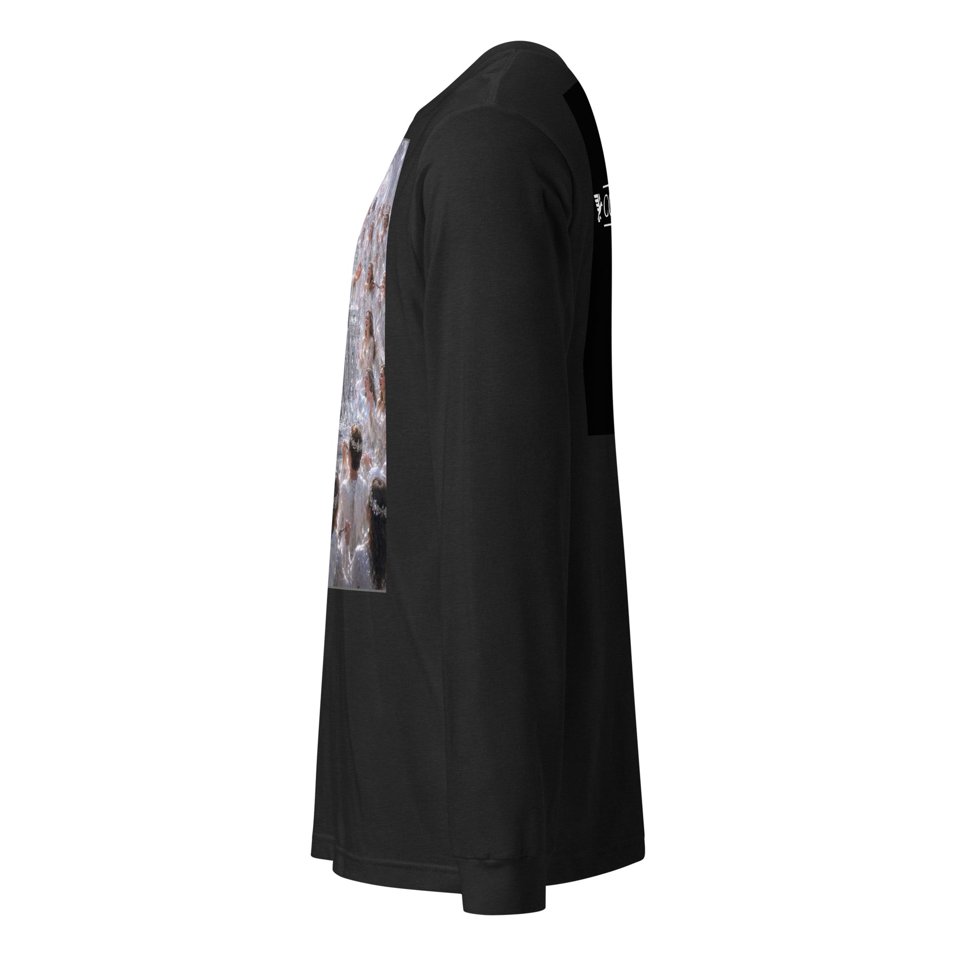 Maglietta unisex a maniche lunghe CORPORATION-86 in tessuto nero heather, vista frontale con dettaglio del tessuto.