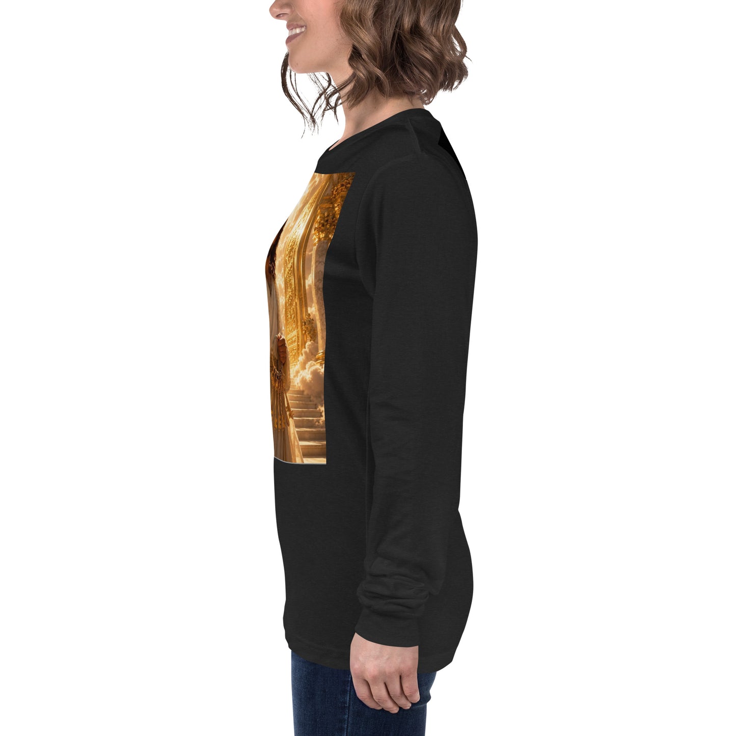 T-shirt unisex a maniche lunghe nero heather di CORPORATION-86, vista frontale su sfondo chiaro.