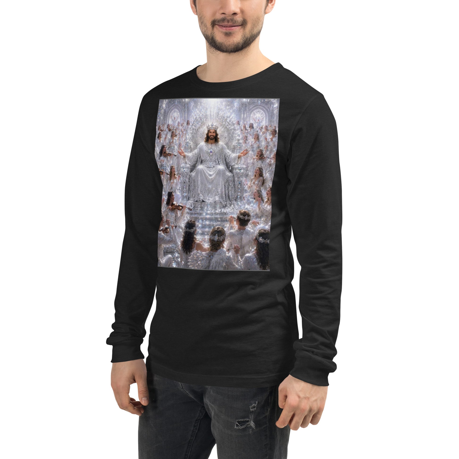 Maglietta unisex a maniche lunghe CORPORATION-86 in tessuto black heather, vista frontale sul lato sinistro.