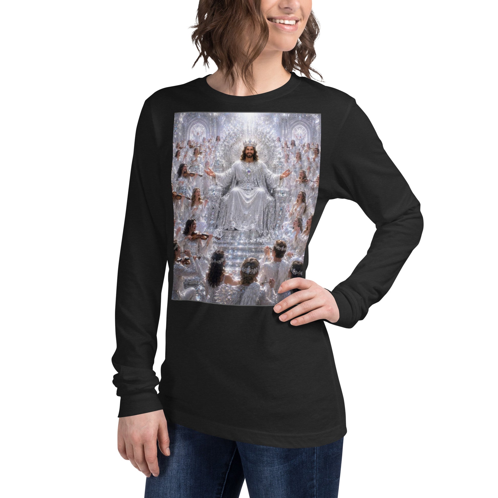 Maglietta unisex a maniche lunghe CORPORATION-86, colore nero con effetto heather, vista frontale a sinistra.