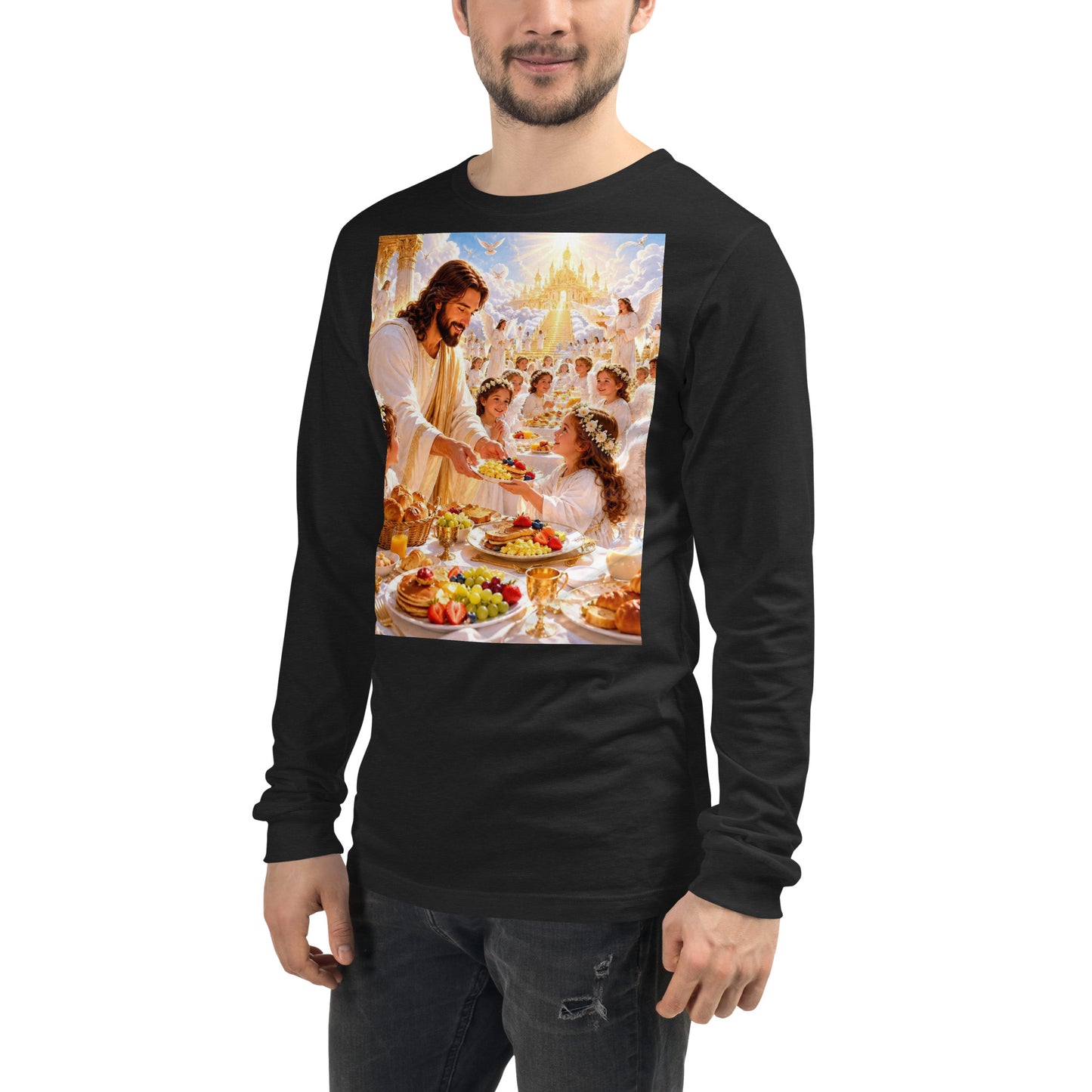 T-shirt unisex a maniche lunghe CORPORATION-86 nera con effetto Heather, vista frontale sul lato sinistro.