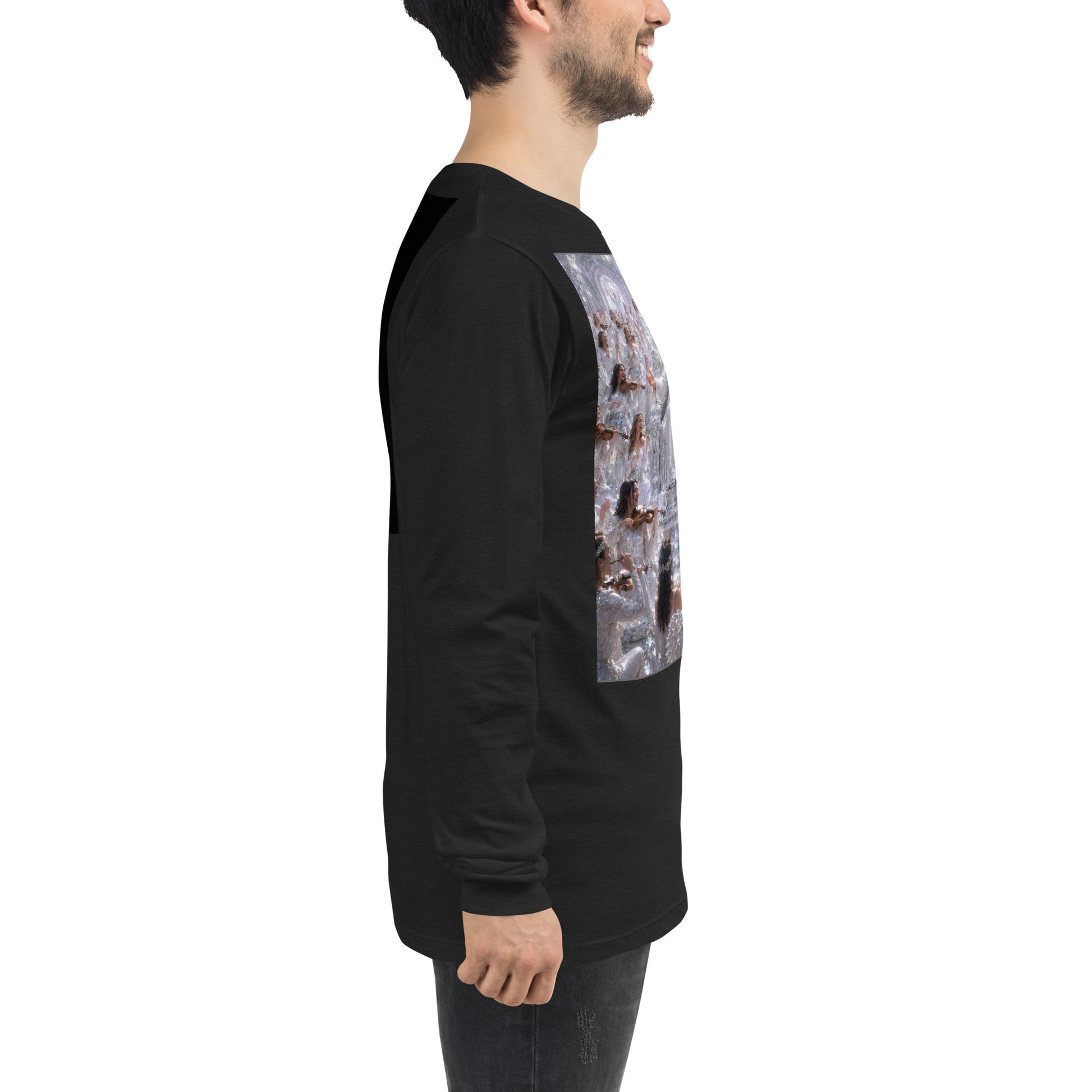 T-shirt unisex a maniche lunghe nero heather di CORPORATION-86, vista da destra, in tessuto morbido e confortevole