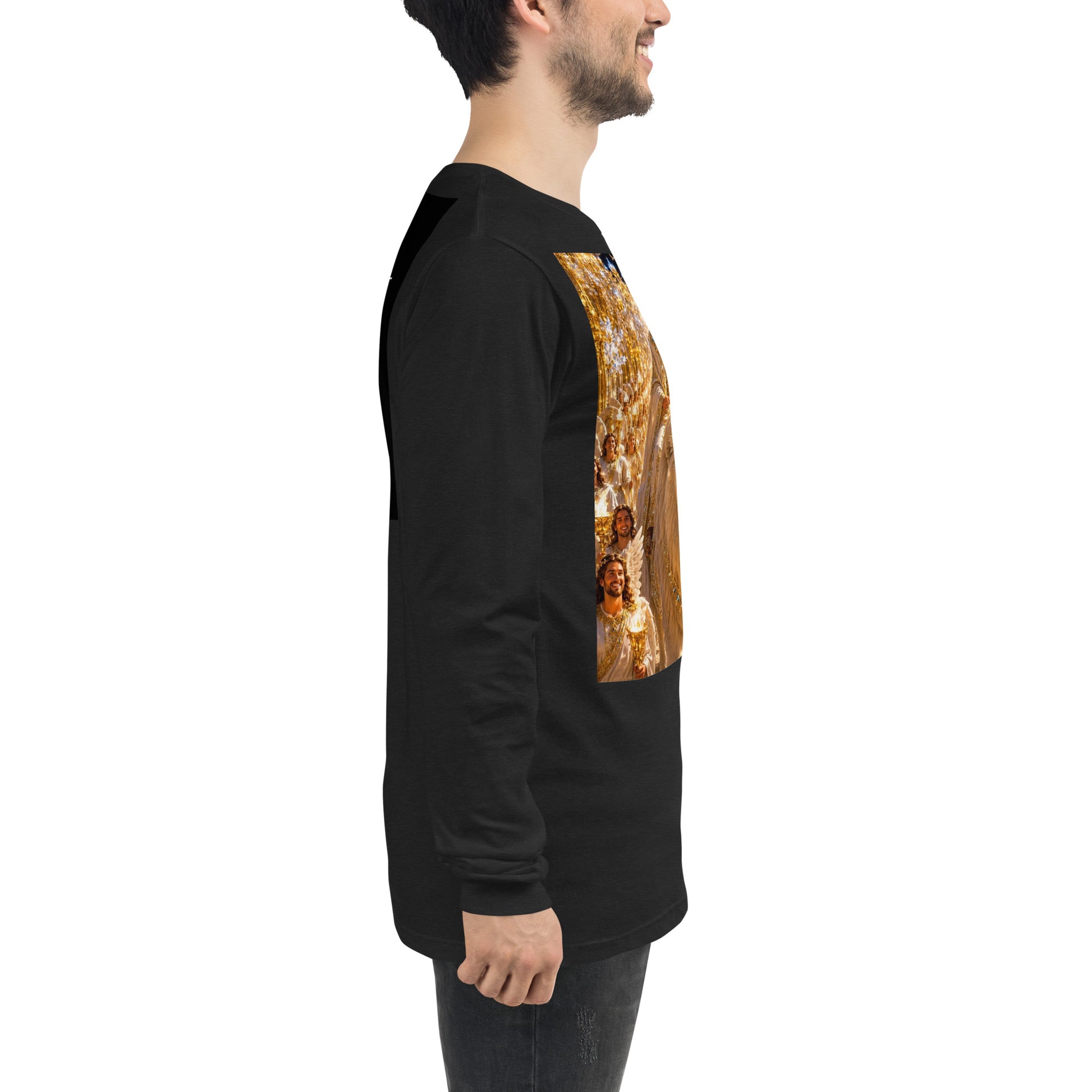 Maglietta unisex a maniche lunghe CORPORATION-86 in tessuto black heather, vista frontale e dettagli del design.
