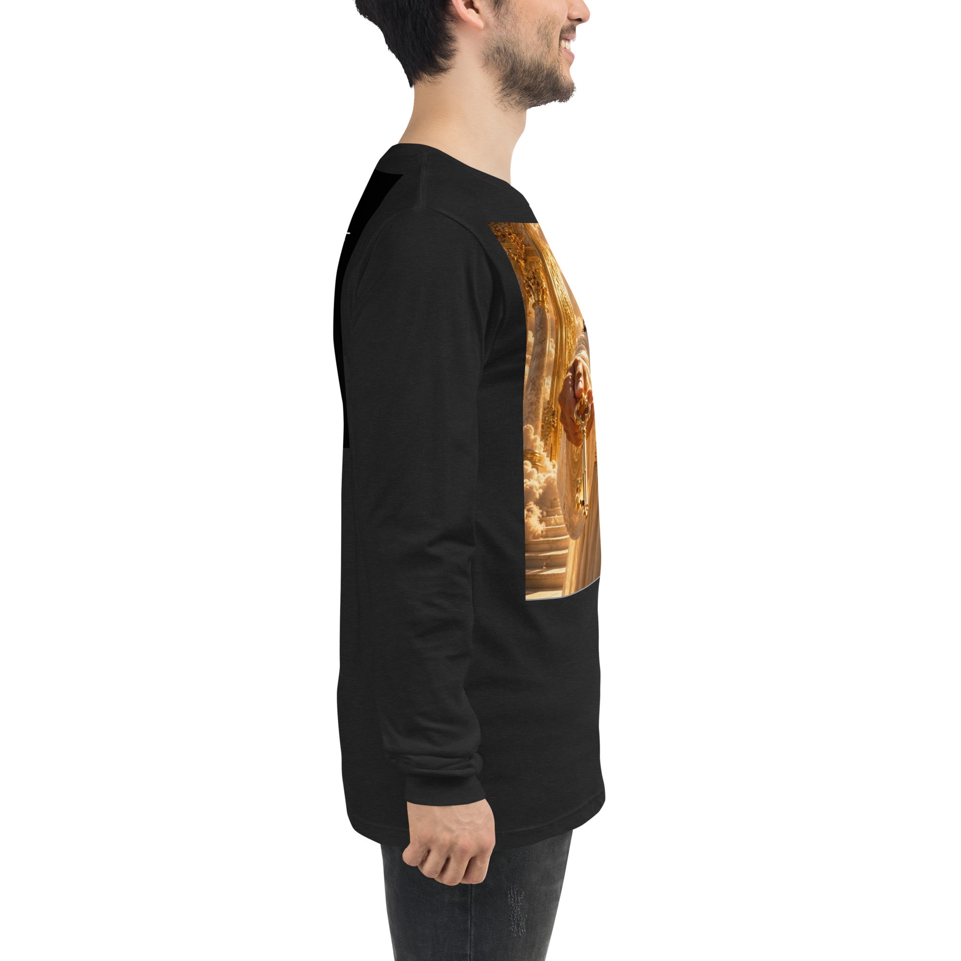 Maglietta unisex a maniche lunghe CORPORATION-86 color nero Heather, vista laterale su sfondo bianco.