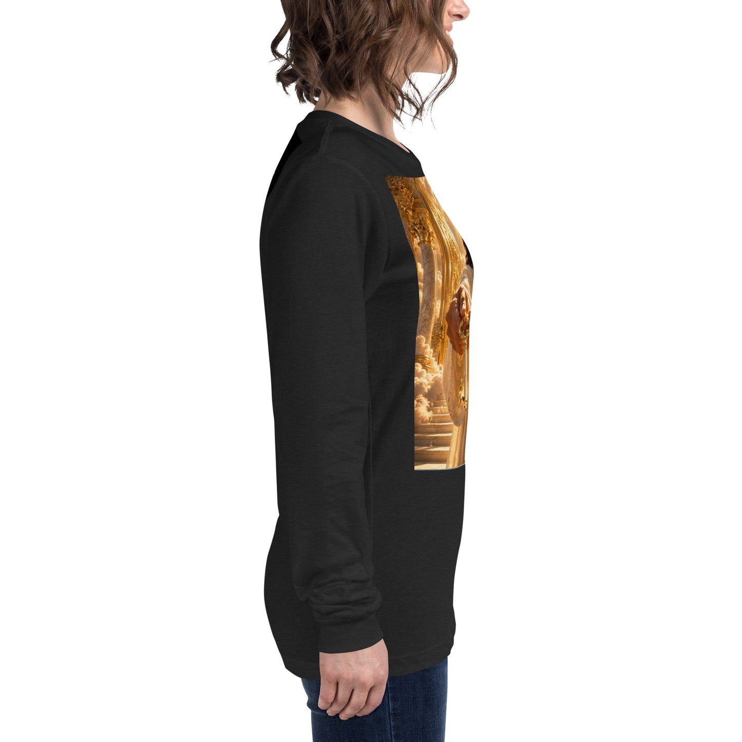 Maglietta unisex a maniche lunghe CORPORATION-86 in tessuto nero heather, vista di lato.