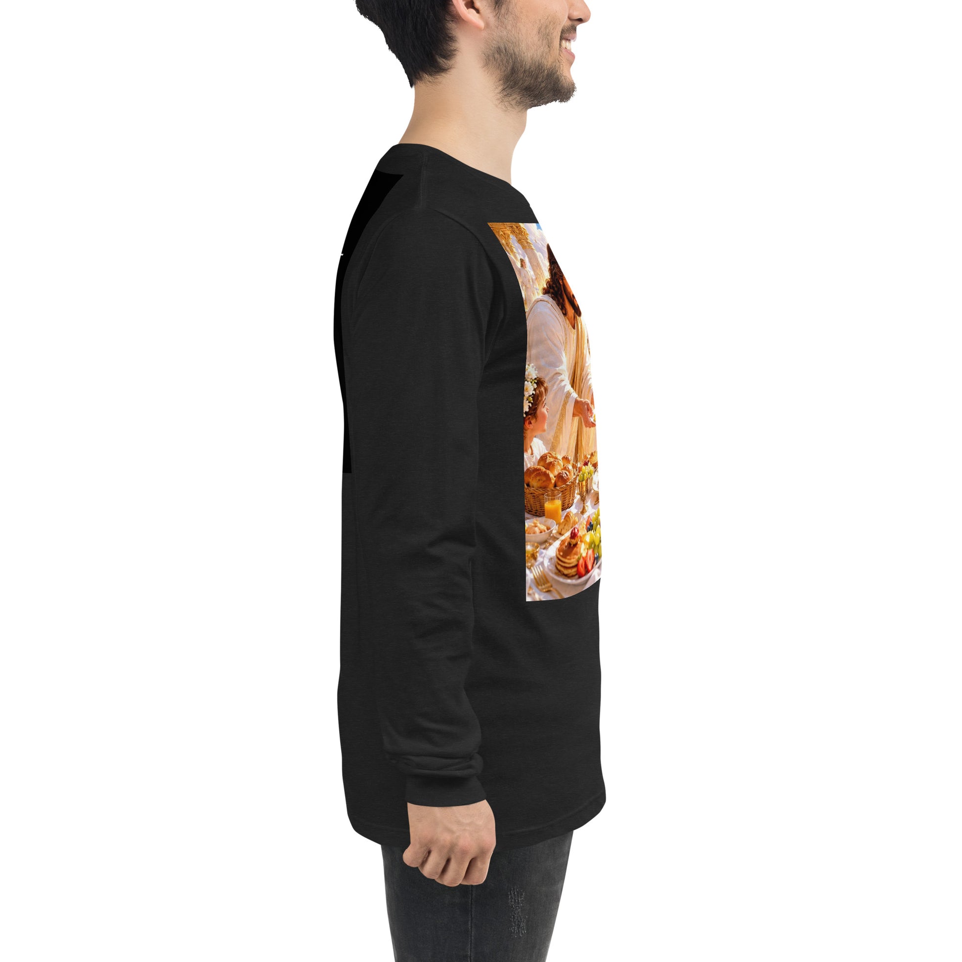 Maglietta a maniche lunghe unisex CORPORATION-86 in tessuto nero heather, vista frontale con dettagli del design.