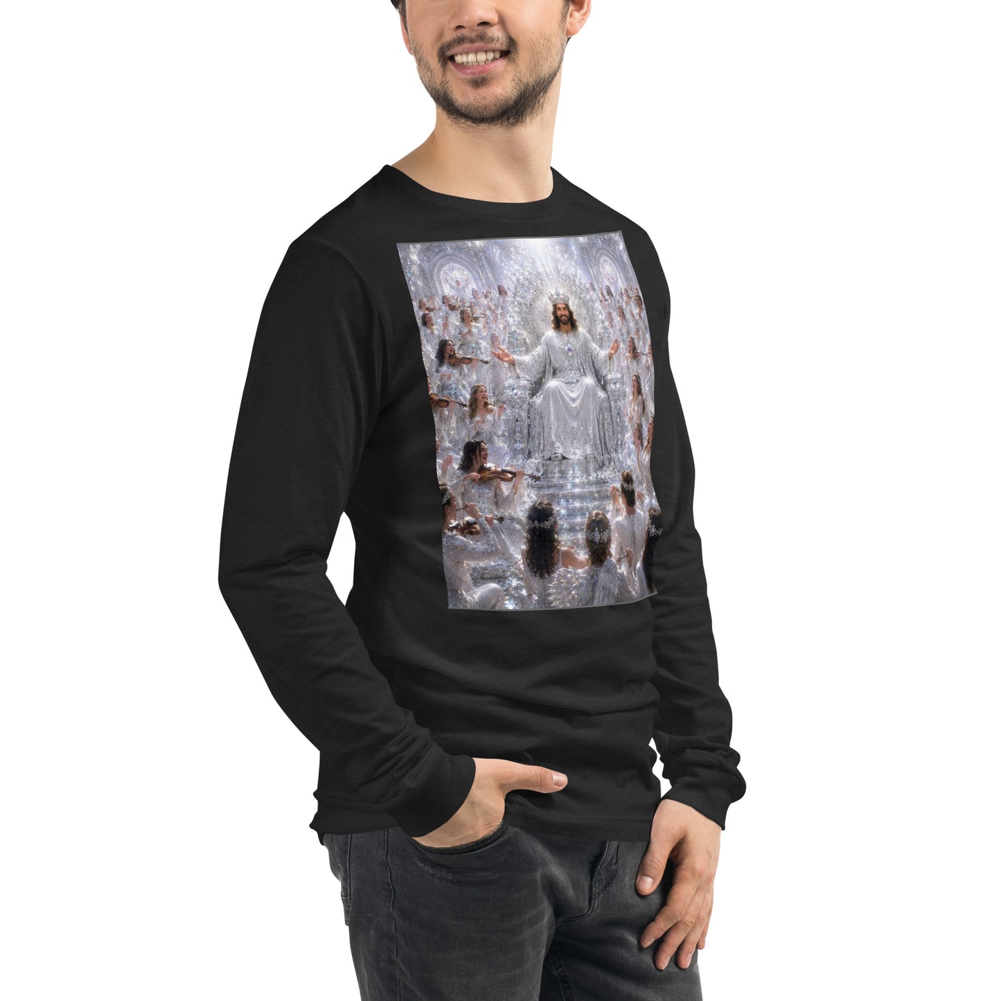 Maglietta unisex a maniche lunghe CORPORATION-86 color nero Heather vista frontale destra, tessuto morbido e comodo.