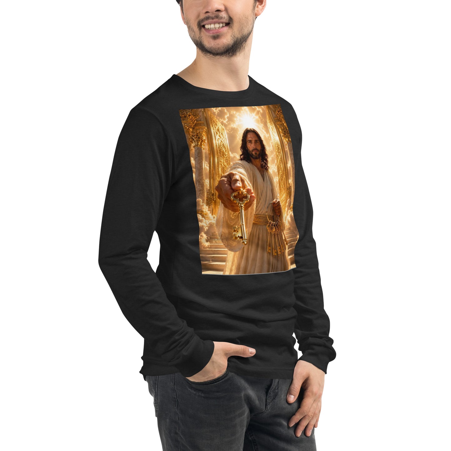 T-shirt unisex a maniche lunghe CORPORATION-86 colore nero melange, vista frontale destra, tessuto morbido e comodo.
