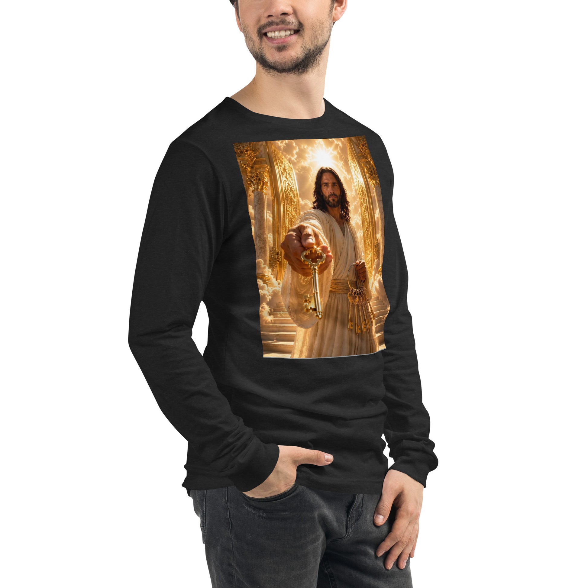 T-shirt unisex a maniche lunghe CORPORATION-86 colore nero melange, vista frontale destra, tessuto morbido e comodo.