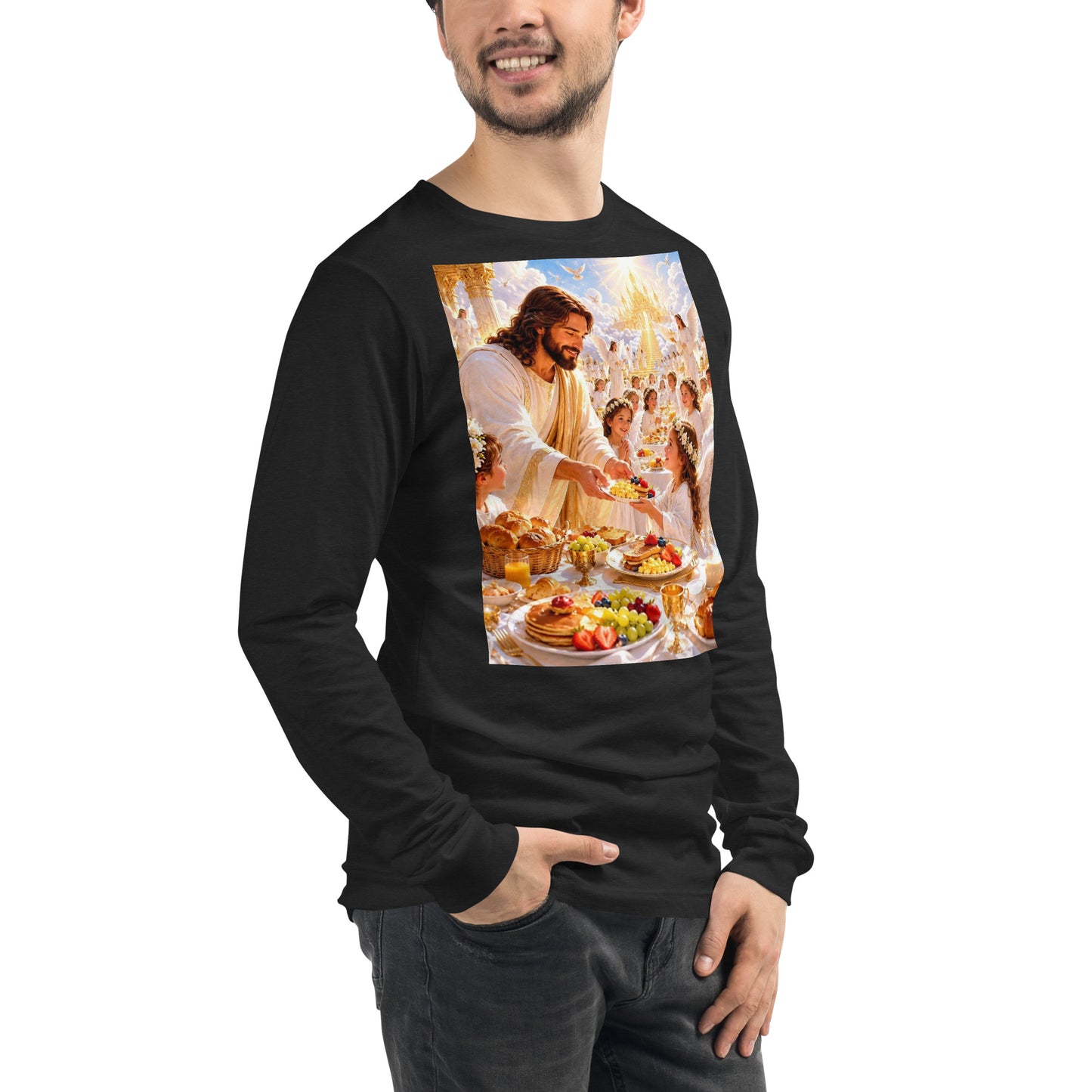 Maglietta unisex a maniche lunghe CORPORATION-86 color nero heather, vista frontale destra, tessuto morbido e comodo.