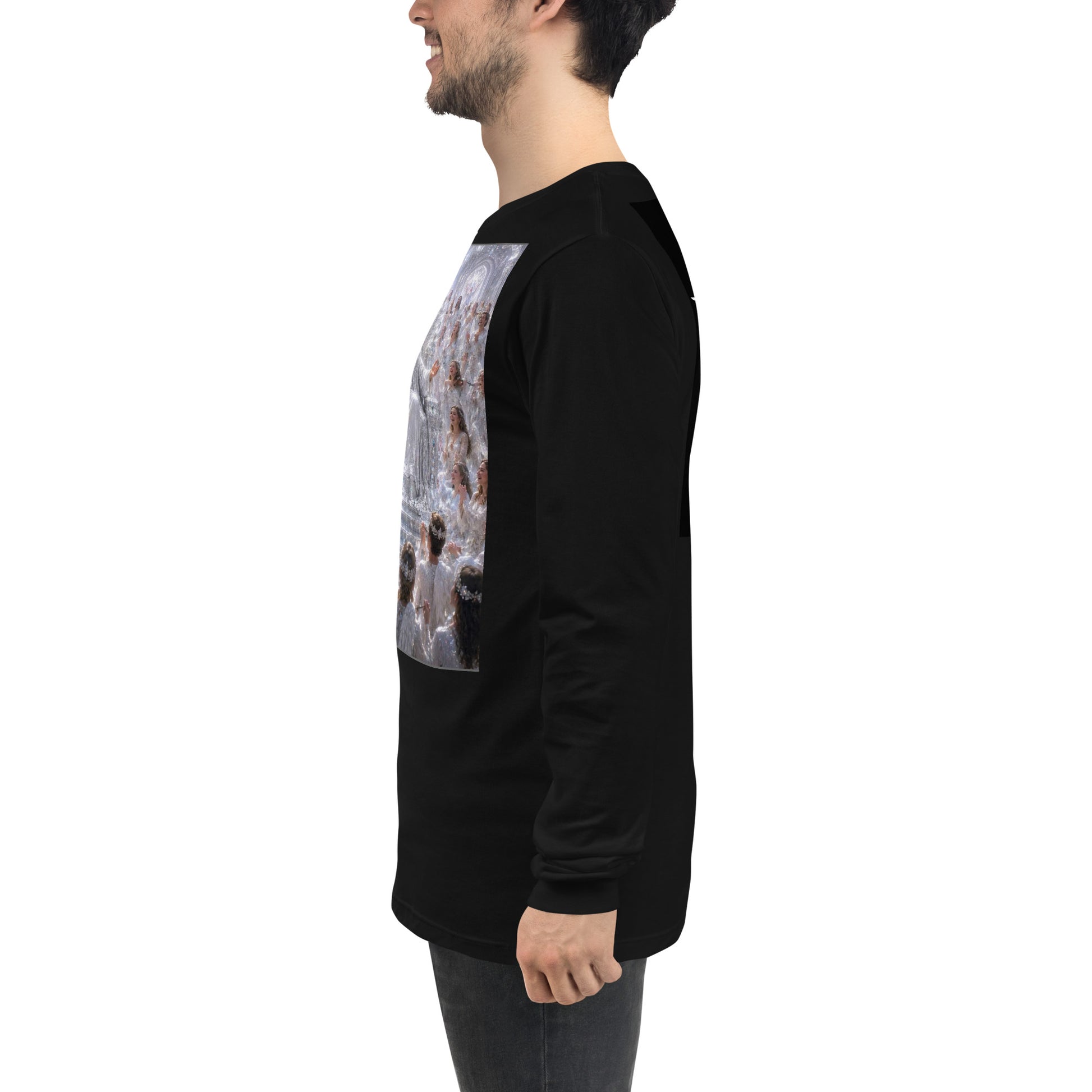 T-shirt unisex a maniche lunghe nero di CORPORATION-86, vista frontale con dettagli sul tessuto e vestibilità comoda