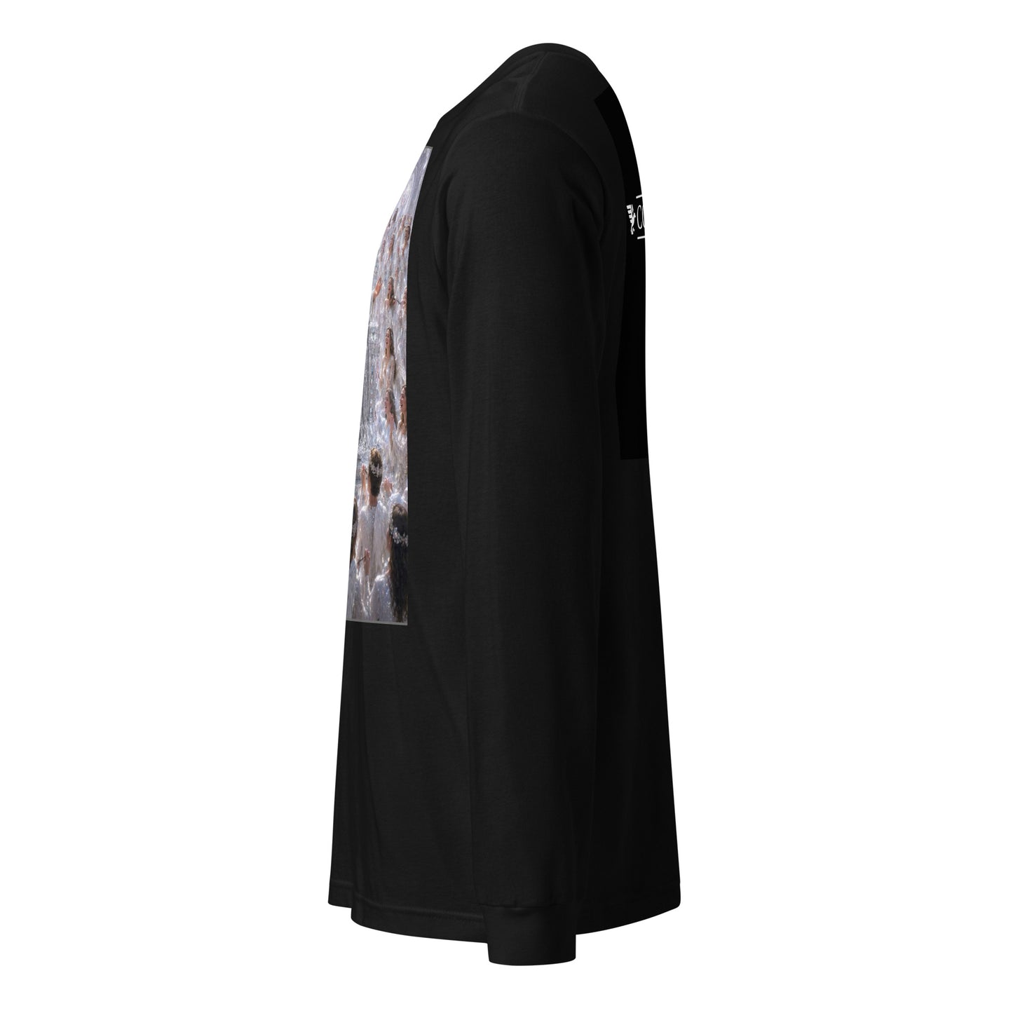 Maglietta unisex a maniche lunghe CORPORATION-86 nera, vista frontale con dettaglio del tessuto e taglio classico.