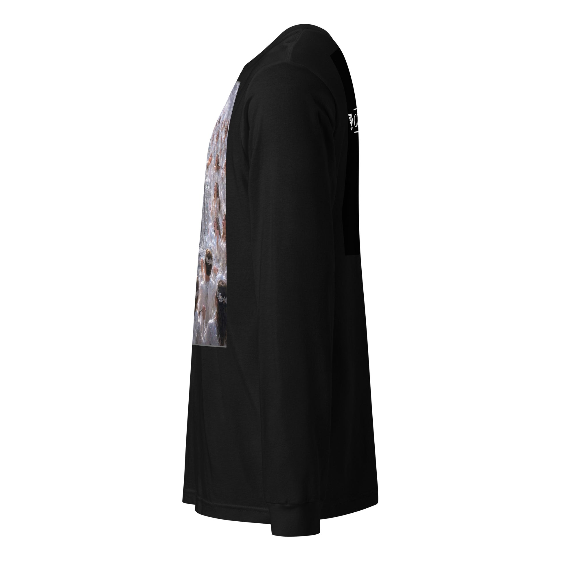 Maglietta unisex a maniche lunghe CORPORATION-86 nera, vista frontale con dettaglio del tessuto e taglio classico.