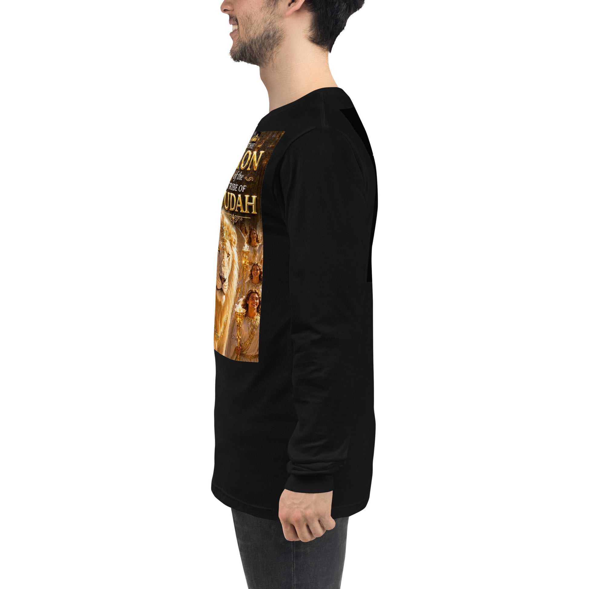 T-shirt unisex a maniche lunghe nero della CORPORATION-86, vista frontale su sfondo chiaro.