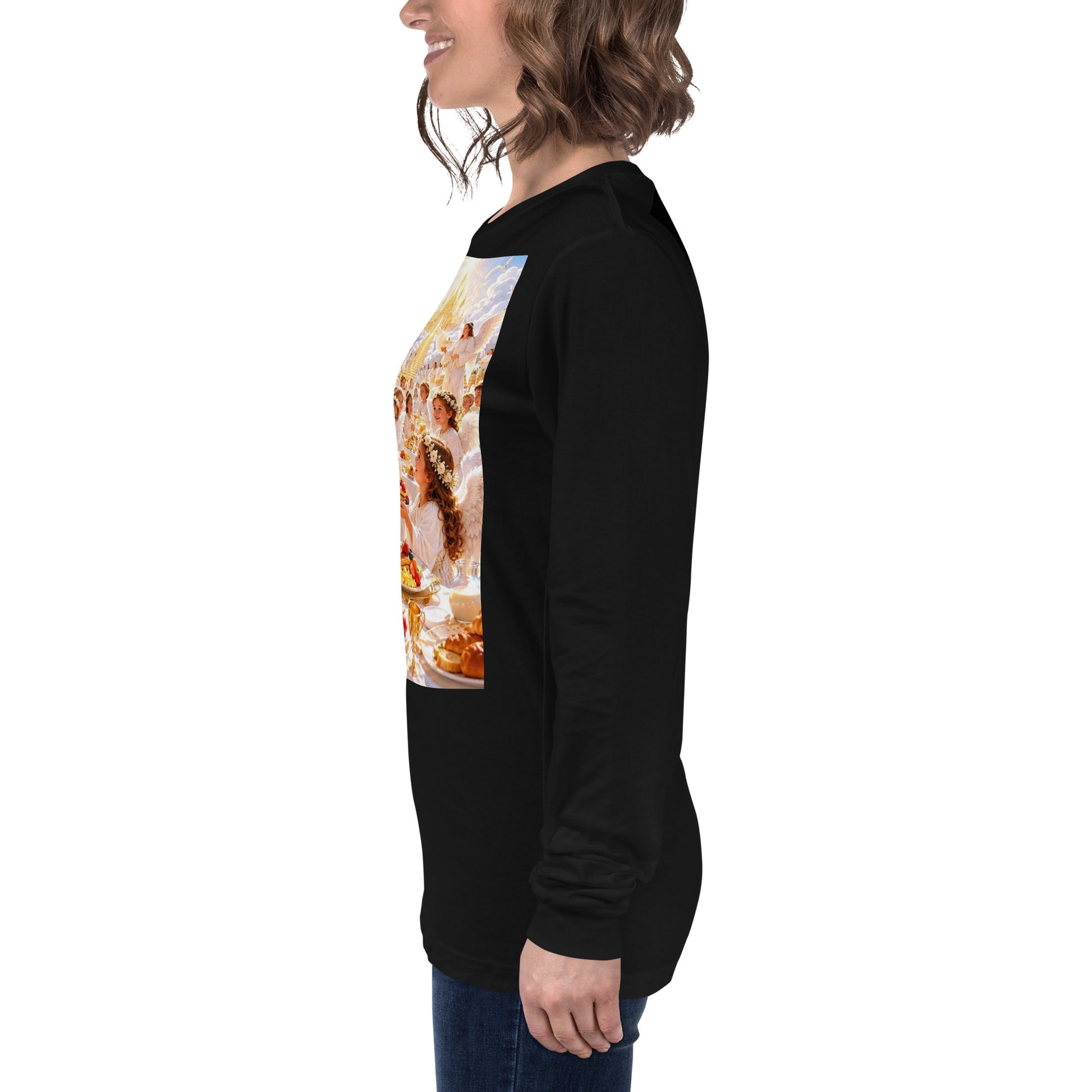 T-shirt unisex a maniche lunghe nero di CORPORATION-86, vista frontale sul lato sinistro.