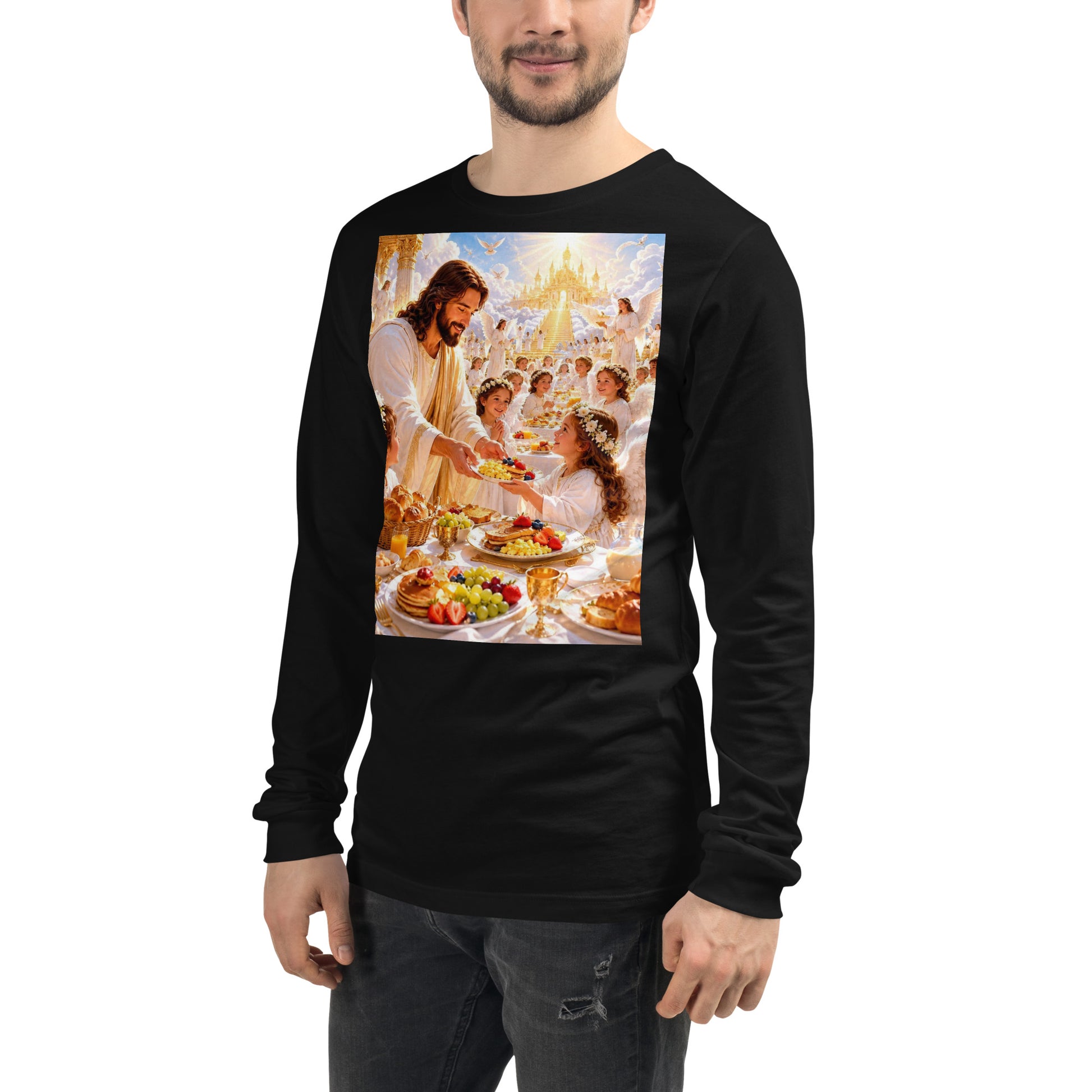 T-shirt unisex a maniche lunghe nero CORPORATION-86 visibile da davanti a sinistra, morbido tessuto e stile casual.