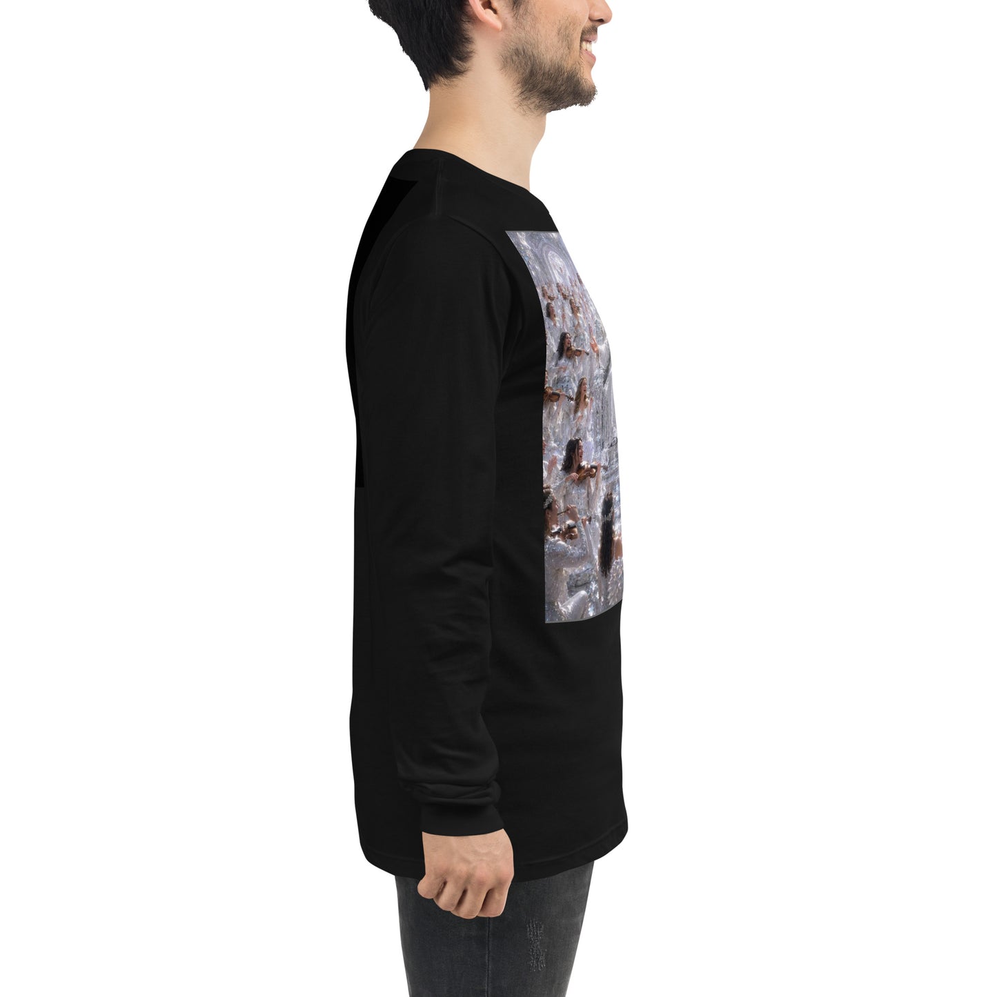 T-shirt unisex a maniche lunghe nero di CORPORATION-86, vista laterale, tessuto morbido e stile casual.