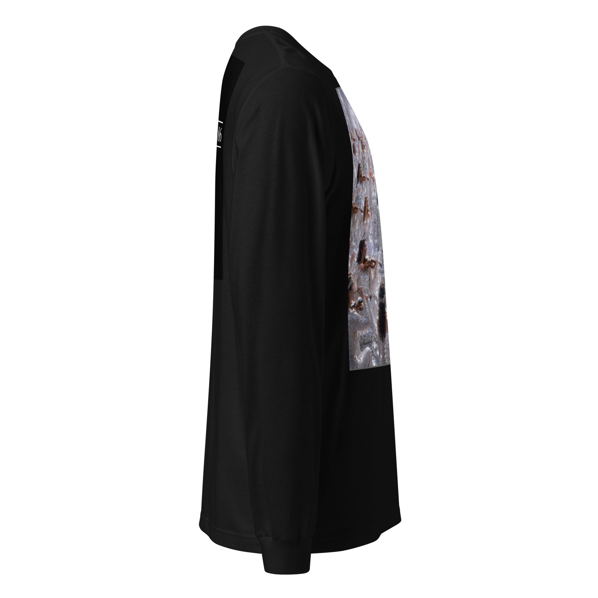 Maglietta unisex a maniche lunghe CORPORATION-86 di colore nero, vista laterale su sfondo bianco.