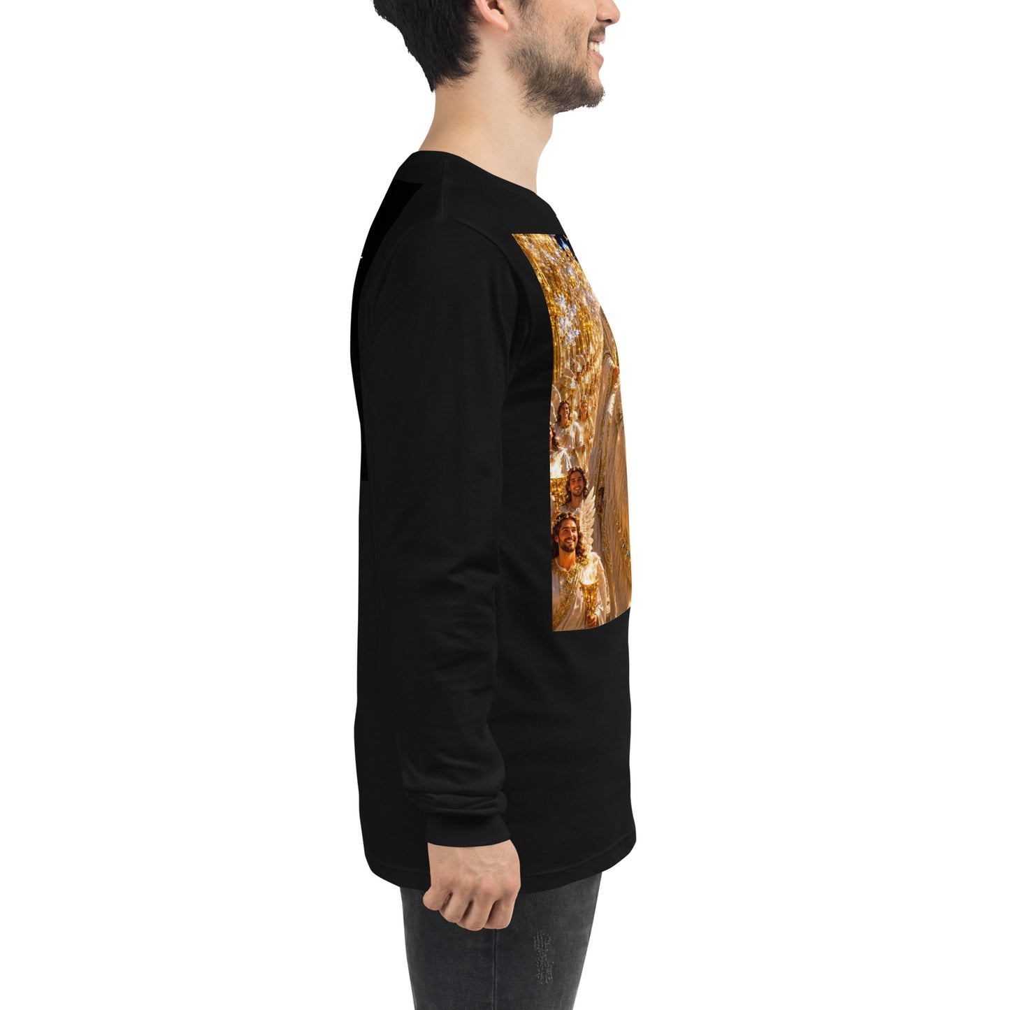 Maglietta a maniche lunghe unisex nero di CORPORATION-86, vista laterale con collo e dettagli del tessuto.