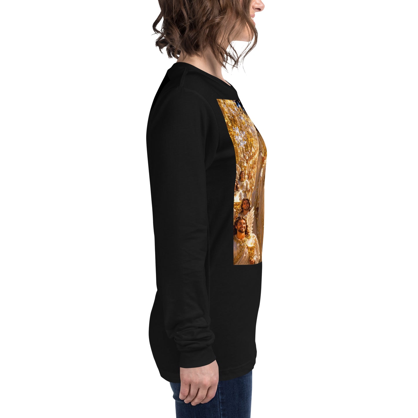 Maglietta unisex a maniche lunghe CORPORATION-86 nera, vista laterale con collo rotondo e tessuto morbido.