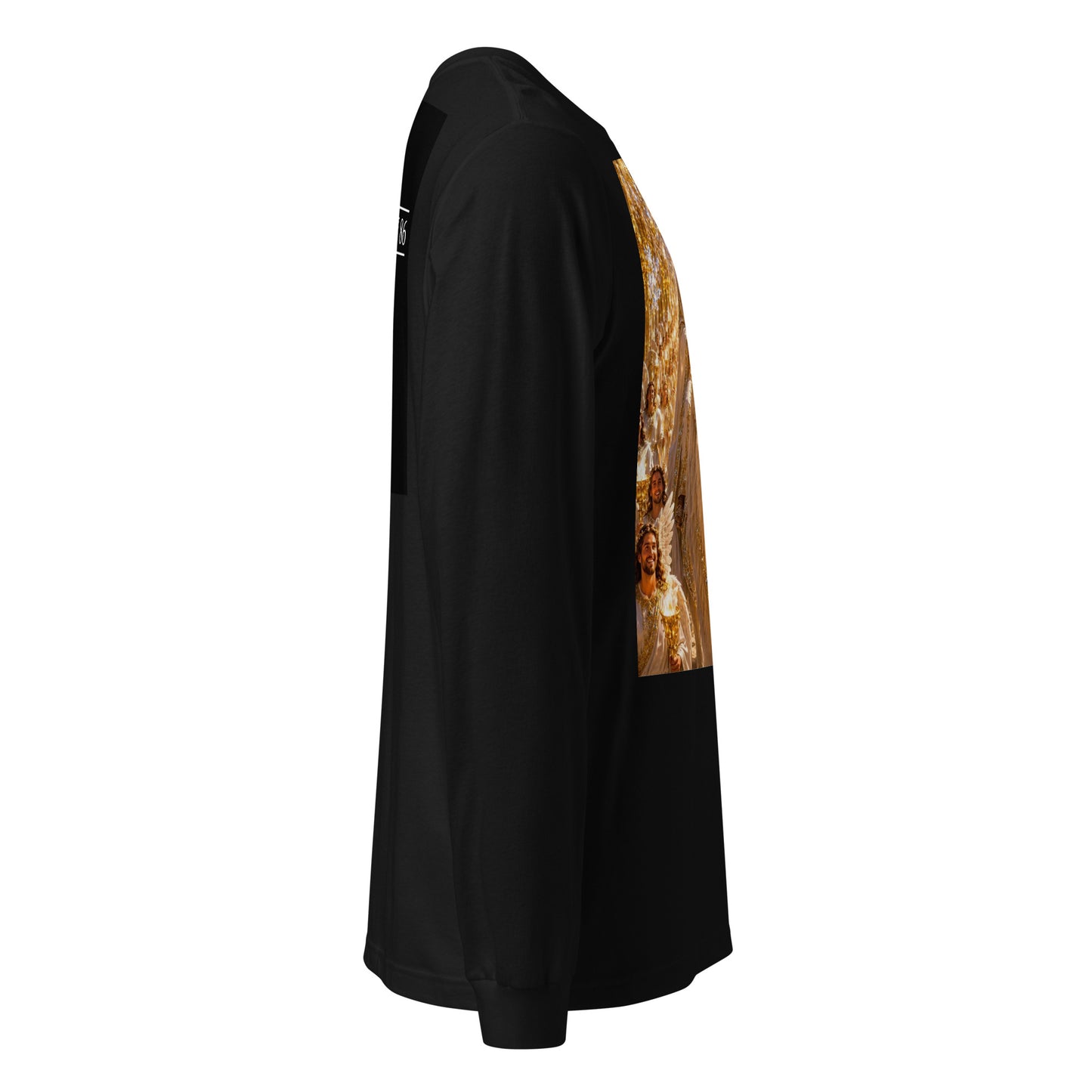 Maglietta unisex a maniche lunghe CORPORATION-86 nera, vista laterale con dettagli del tessuto e vestibilità comoda.