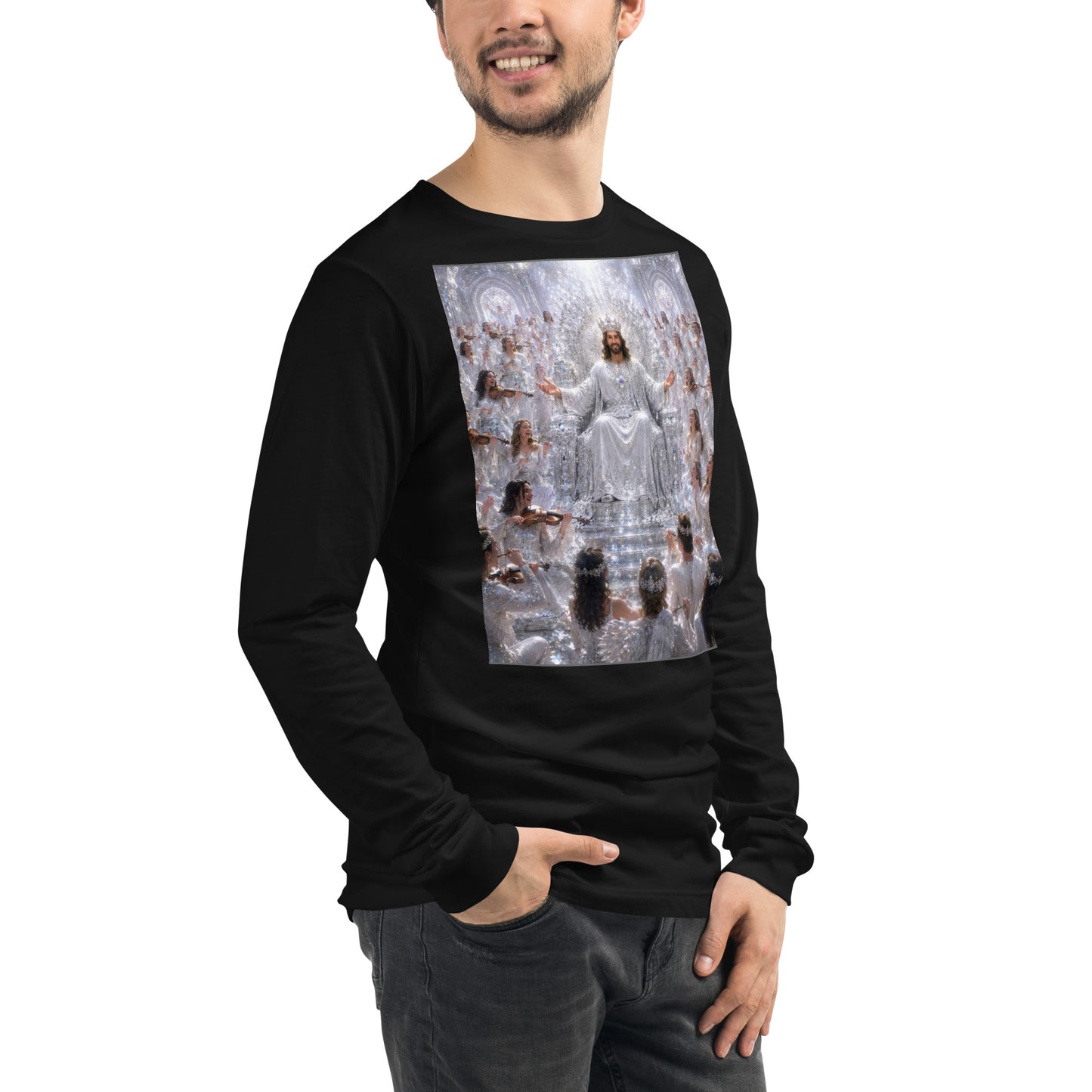 Maglietta unisex a maniche lunghe CORPORATION-86 nera, vista frontale a destra, tessuto morbido e stile casual.